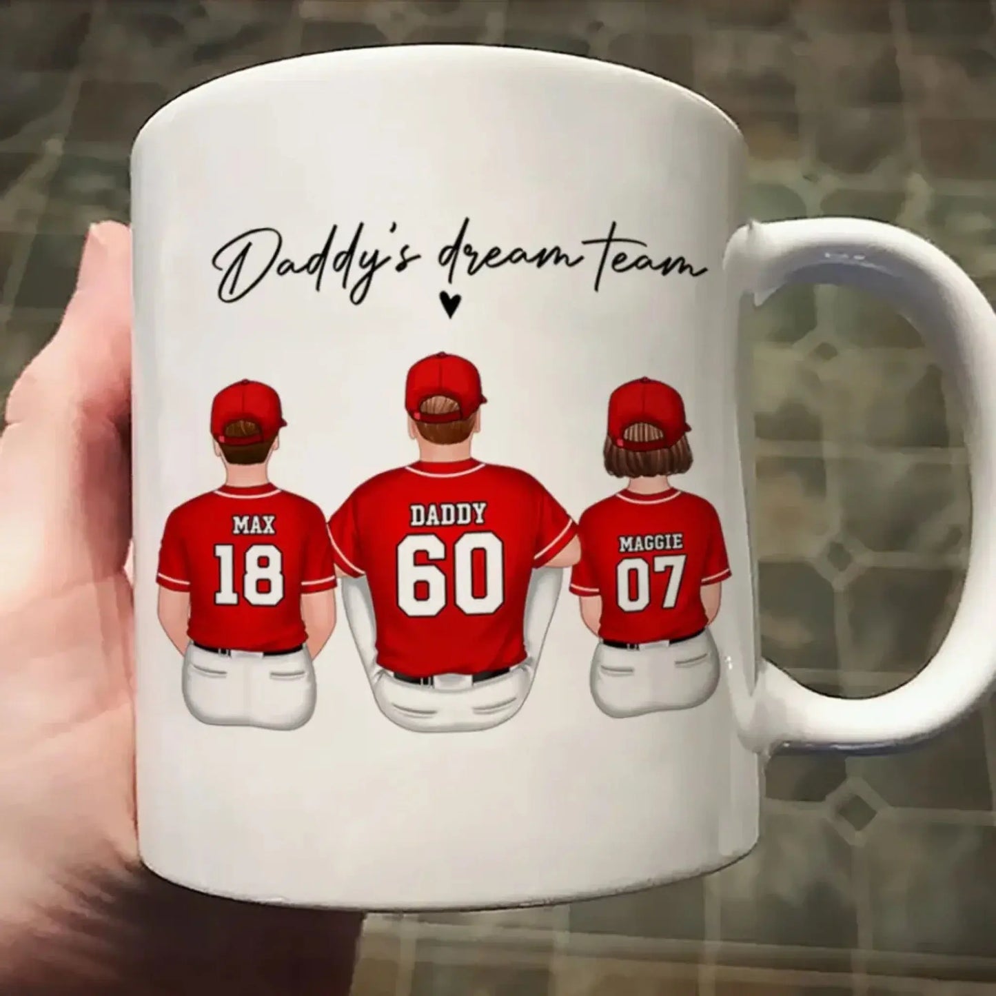Daddy’s Dream Team Baseball Mug – Personalized Family Sitting Cup with Names & Jersey Numbers, Gift for Dad or Grandpa Ezcustomize