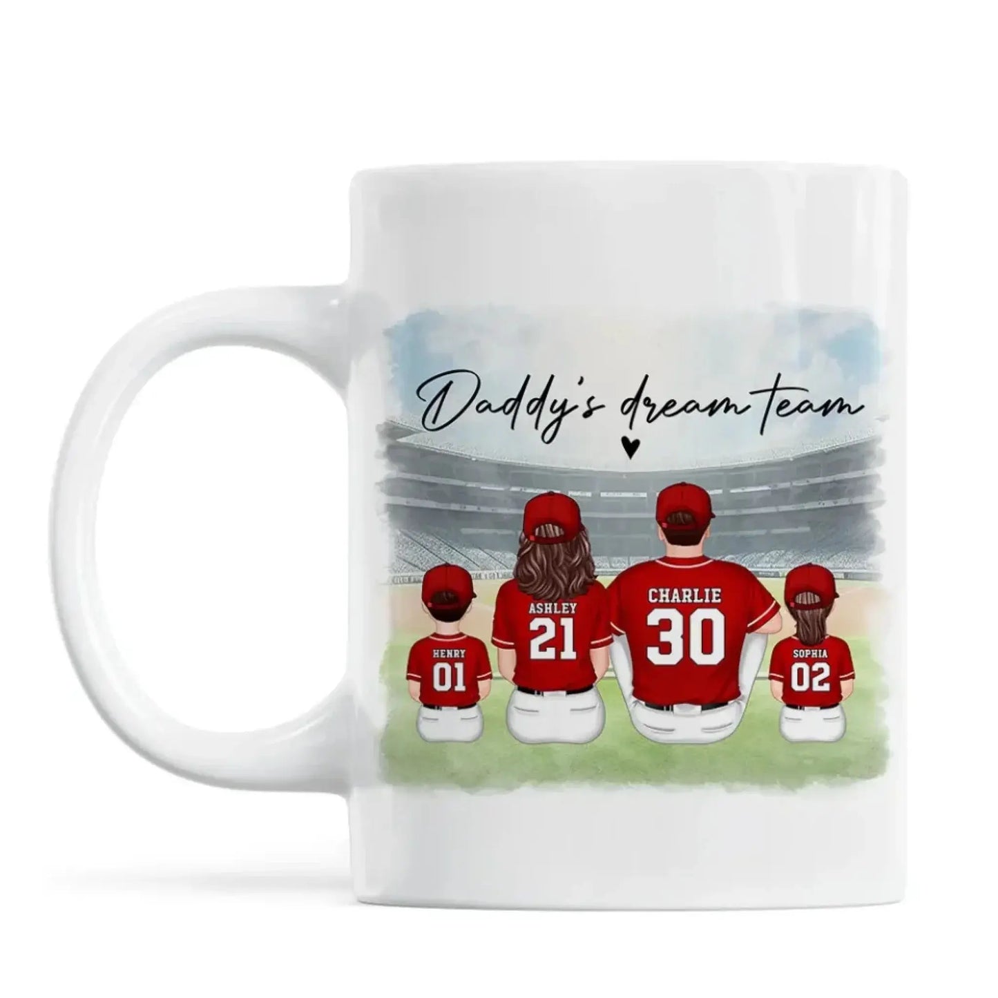 Daddy’s Dream Team Baseball Mug – Personalized Family Sitting Cup with Names & Jersey Numbers, Gift for Dad or Grandpa Ezcustomize