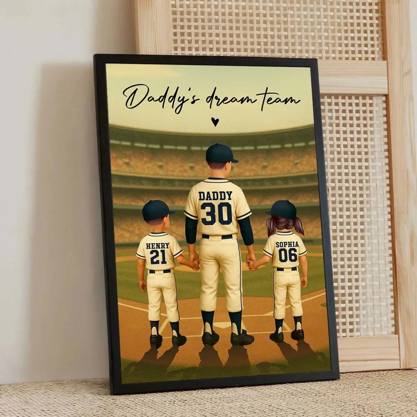 Daddy’s Dream Team Baseball Poster – Personalized Retro Back View Gift for Dad with Kids’ Names & Numbers Ezcustomize