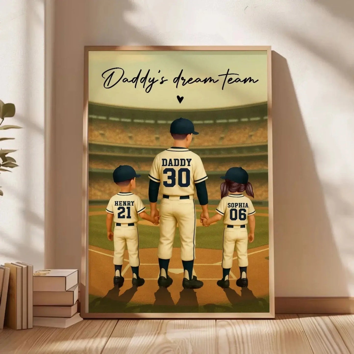 Daddy’s Dream Team Baseball Poster – Personalized Retro Back View Gift for Dad with Kids’ Names & Numbers Ezcustomize
