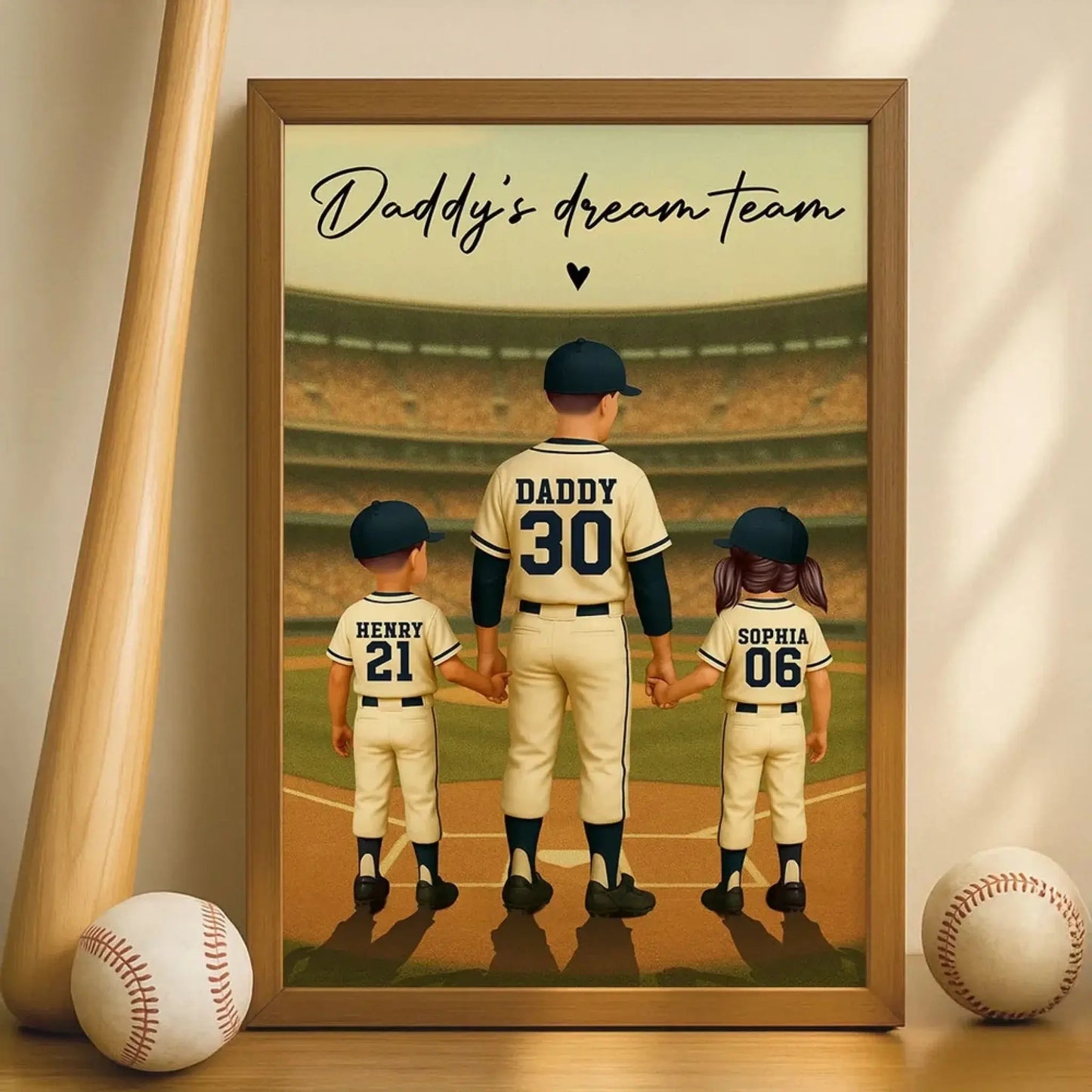 Daddy’s Dream Team Baseball Poster – Personalized Retro Back View Gift for Dad with Kids’ Names & Numbers Ezcustomize
