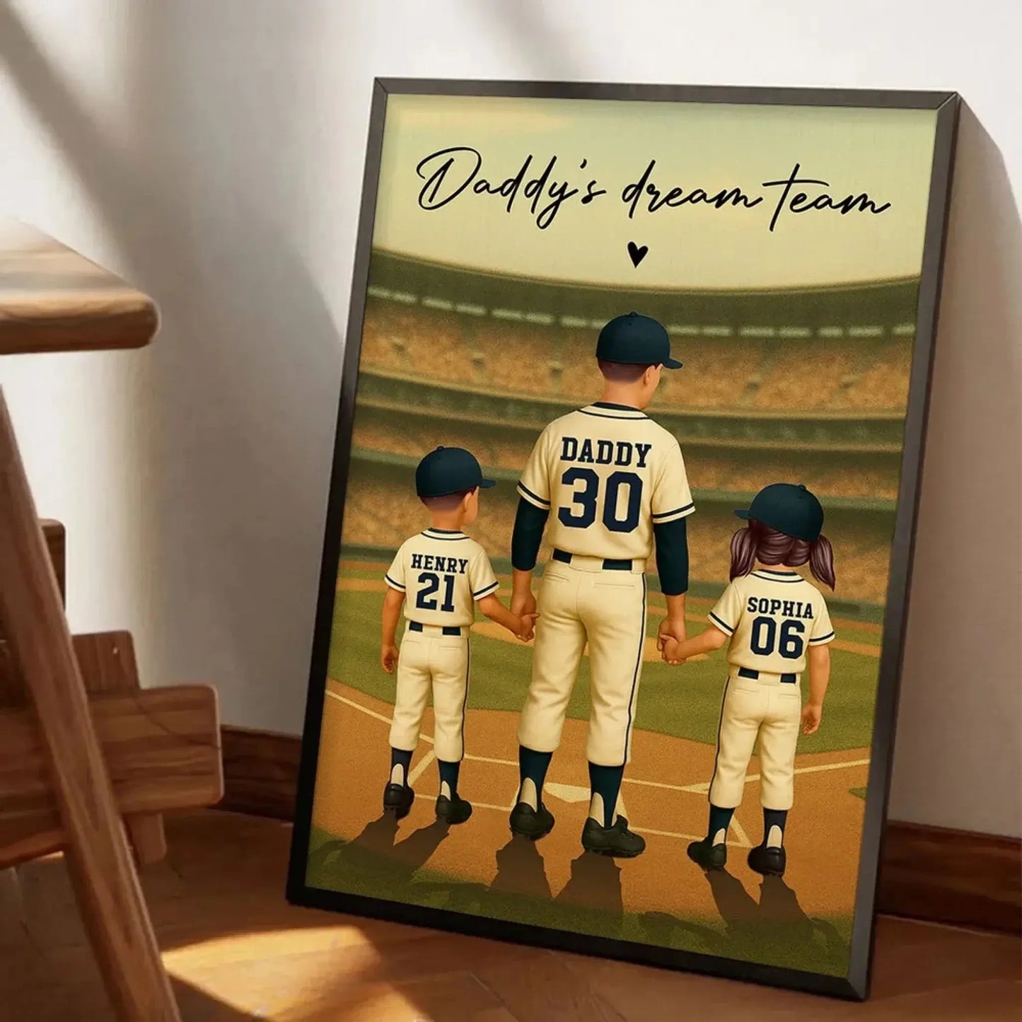Daddy’s Dream Team Baseball Poster – Personalized Retro Back View Gift for Dad with Kids’ Names & Numbers Ezcustomize