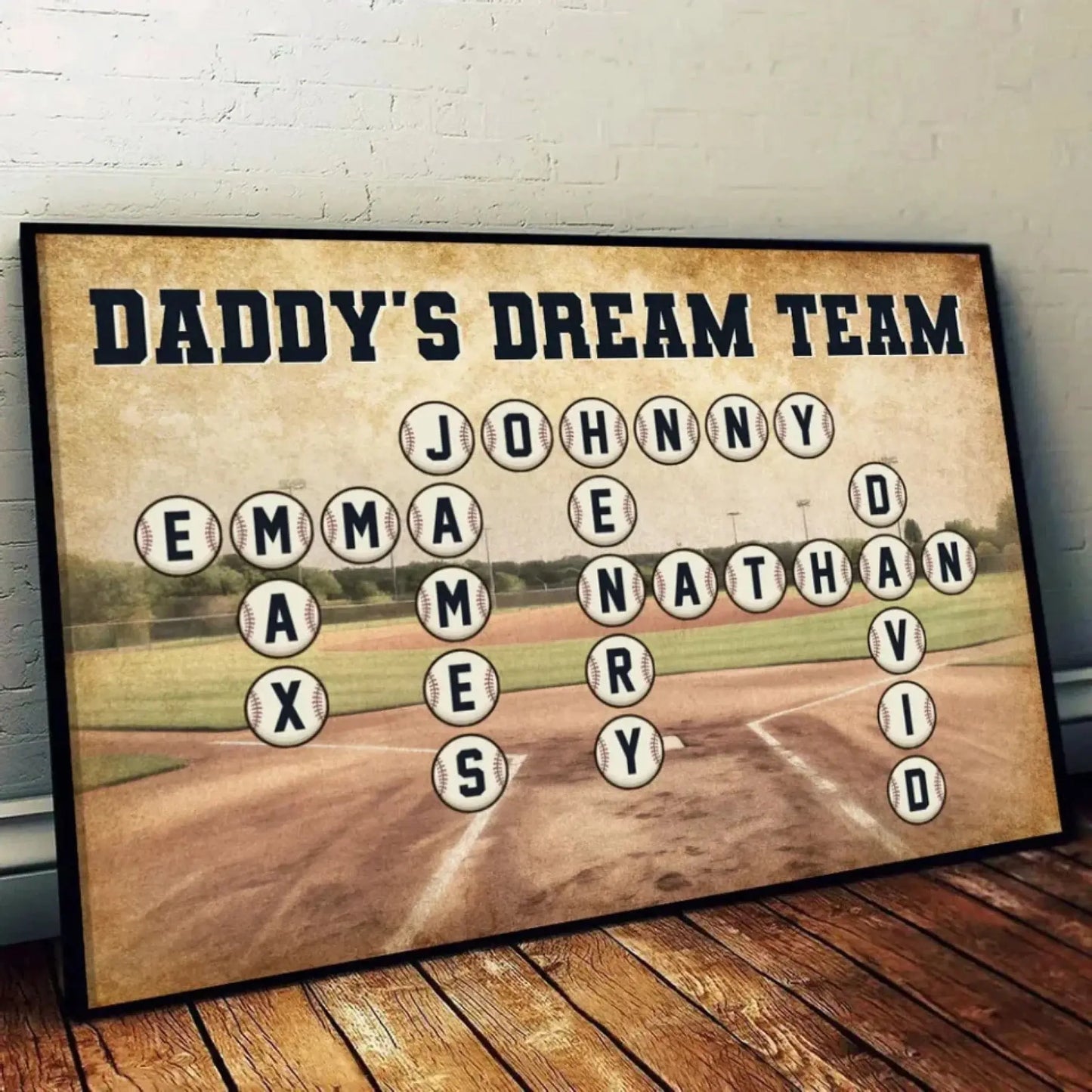 Daddy’s Team Baseball Crossword Art – Personalized Poster/Canvas – Custom Gift for Baseball Dad from Kids Ezcustomize