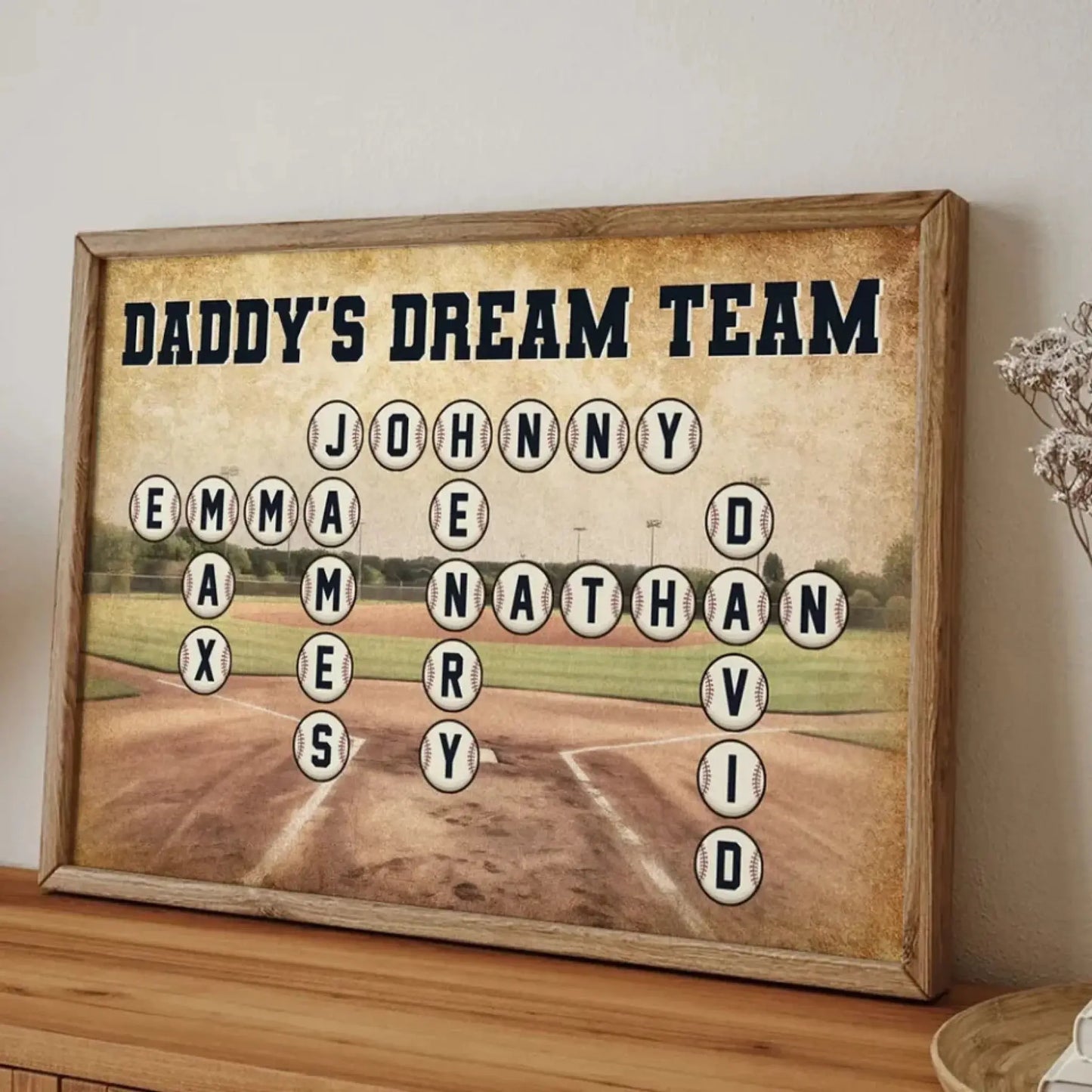 Daddy’s Team Baseball Crossword Art – Personalized Poster/Canvas – Custom Gift for Baseball Dad from Kids Ezcustomize