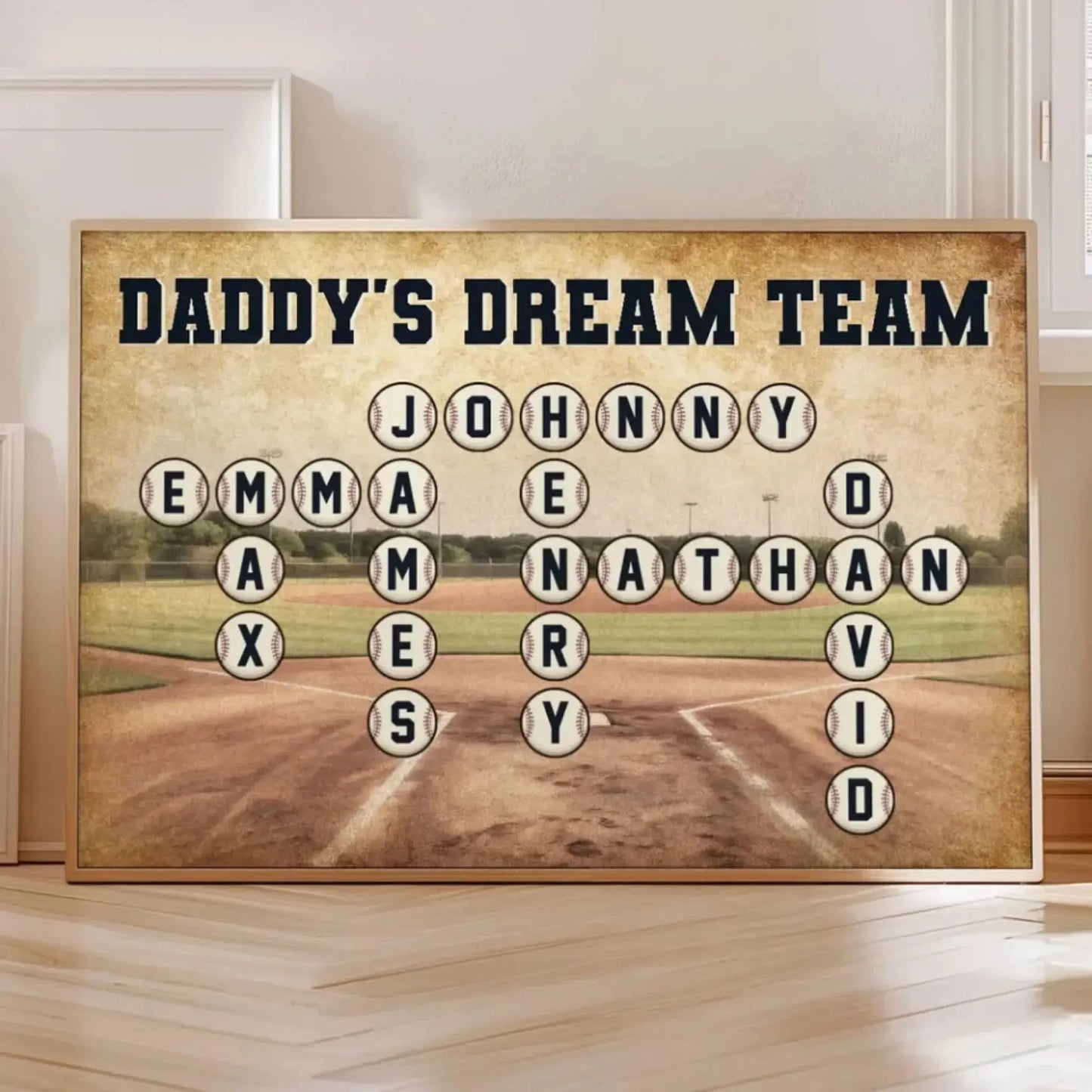Daddy’s Team Baseball Crossword Art – Personalized Poster/Canvas – Custom Gift for Baseball Dad from Kids Ezcustomize