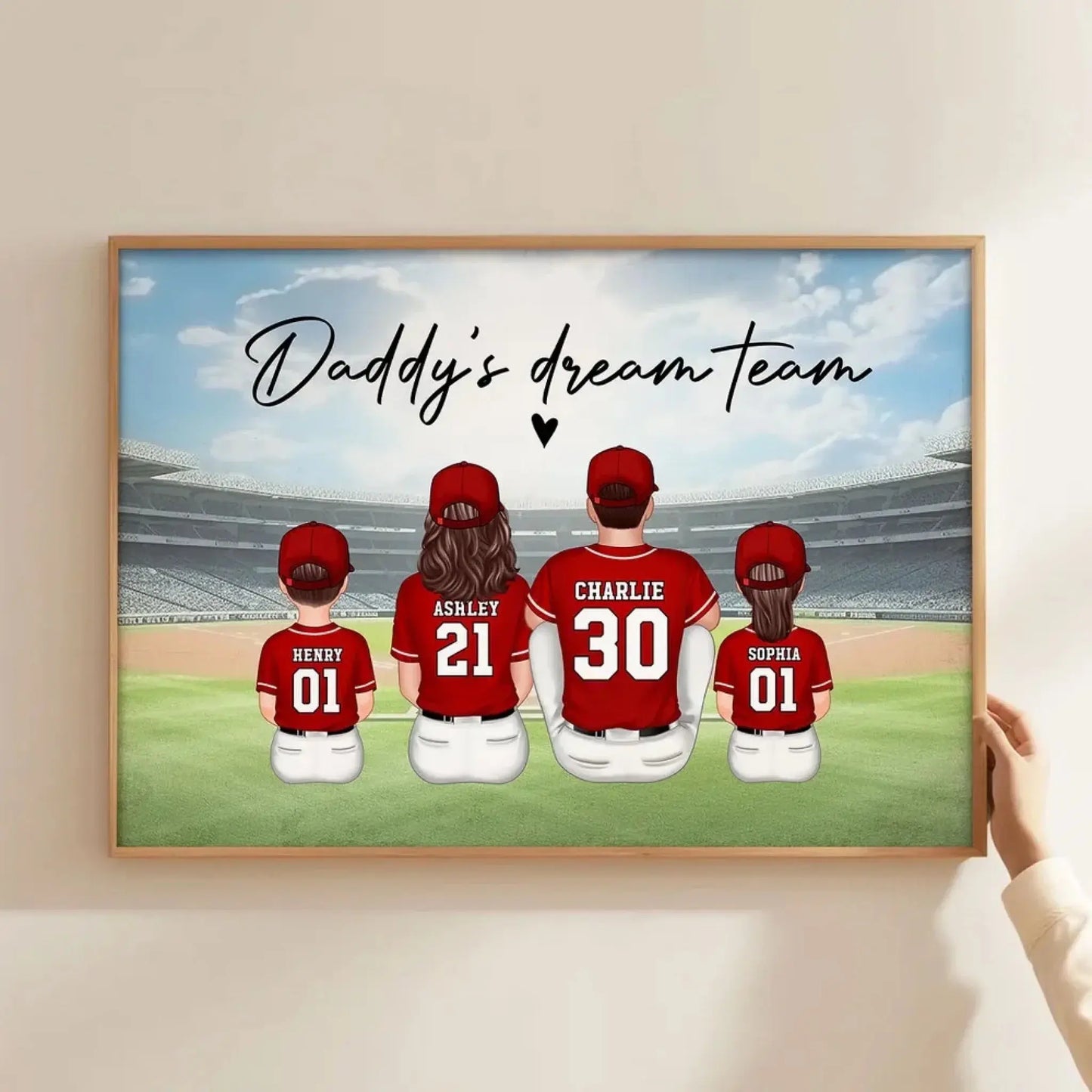 Daddy's Team Baseball Family Sitting Personalized Poster/Canvas, Gift For Dad, Grandpa, Husband Ezcustomize