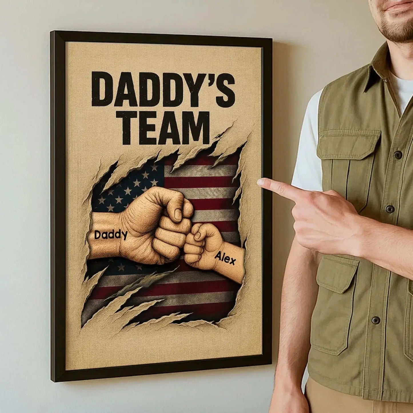 Daddy’s Team Fist Bump Wall Art – Personalized Torn Flag Poster/Canvas – Custom Father’s Day Gift for Dad Ezcustomize
