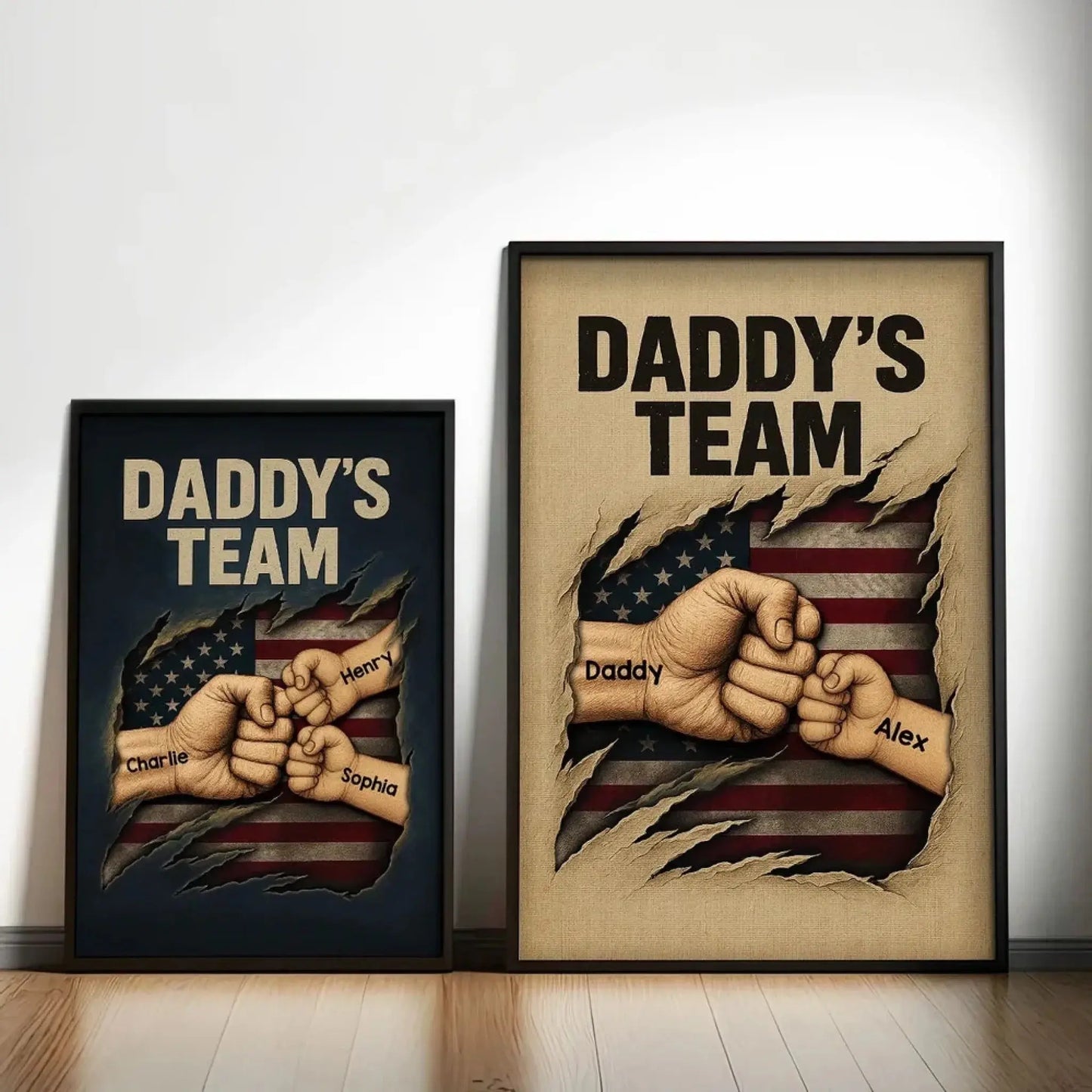 Daddy’s Team Fist Bump Wall Art – Personalized Torn Flag Poster/Canvas – Custom Father’s Day Gift for Dad Ezcustomize