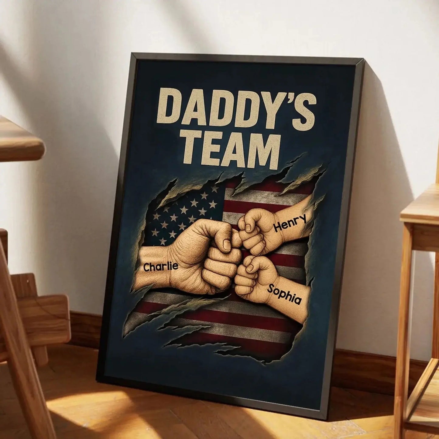 Daddy’s Team Fist Bump Wall Art – Personalized Torn Flag Poster/Canvas – Custom Father’s Day Gift for Dad Ezcustomize