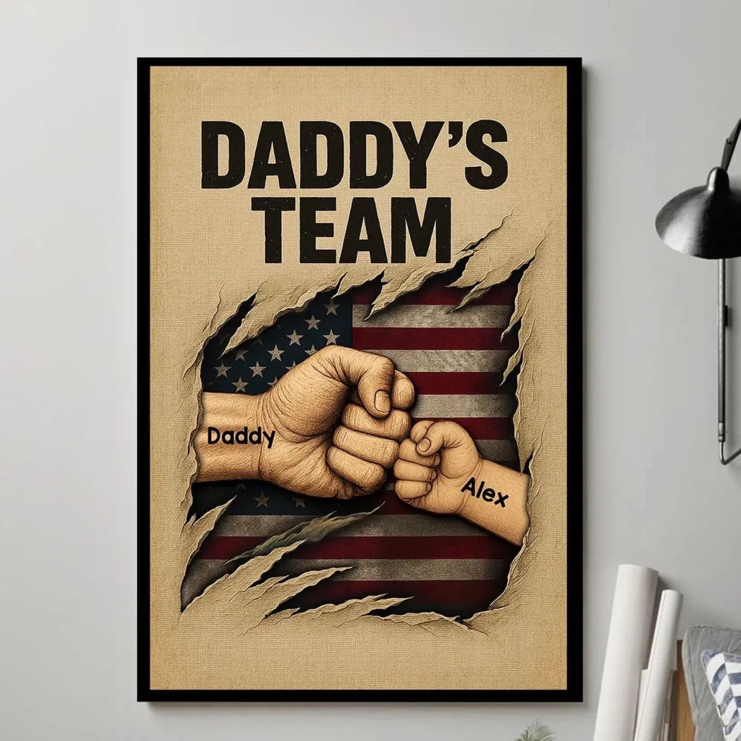 Daddy’s Team Fist Bump Wall Art – Personalized Torn Flag Poster/Canvas – Custom Father’s Day Gift for Dad Ezcustomize