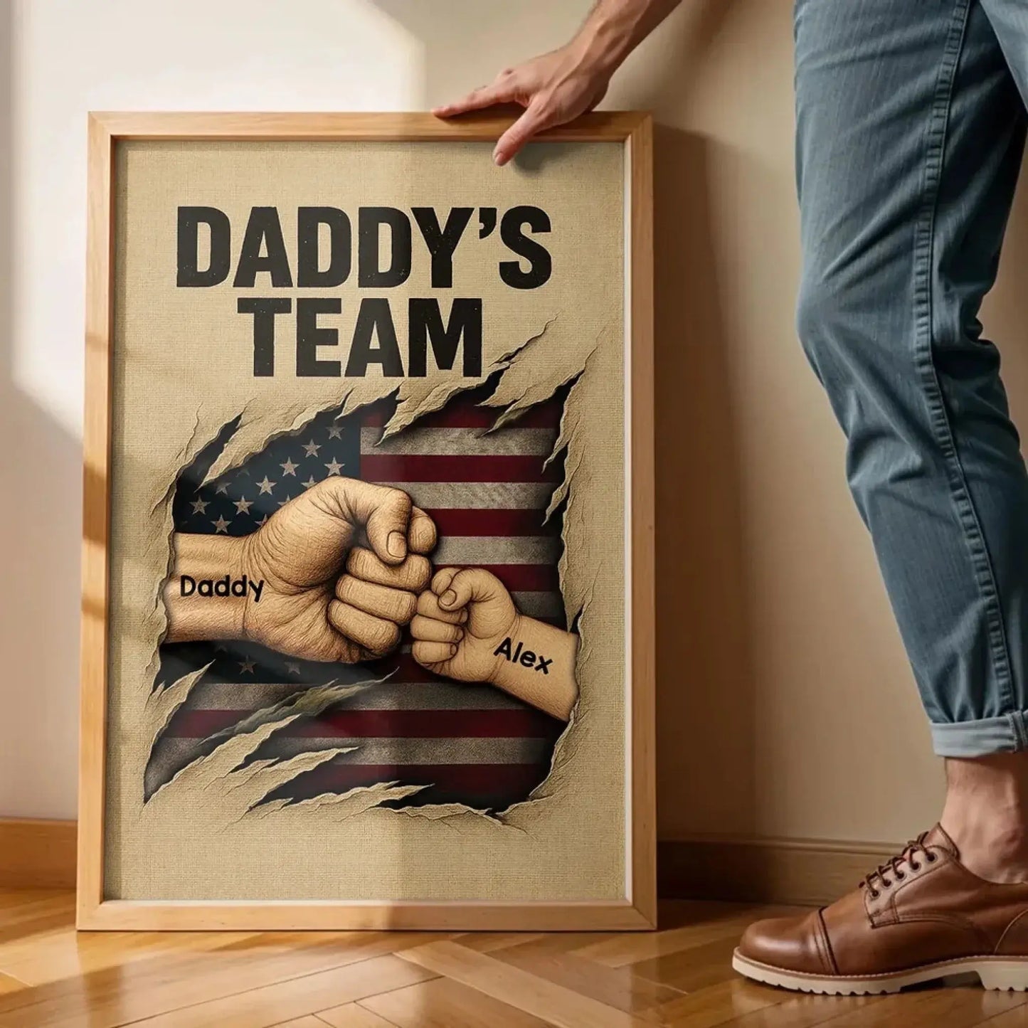Daddy’s Team Fist Bump Wall Art – Personalized Torn Flag Poster/Canvas – Custom Father’s Day Gift for Dad Ezcustomize