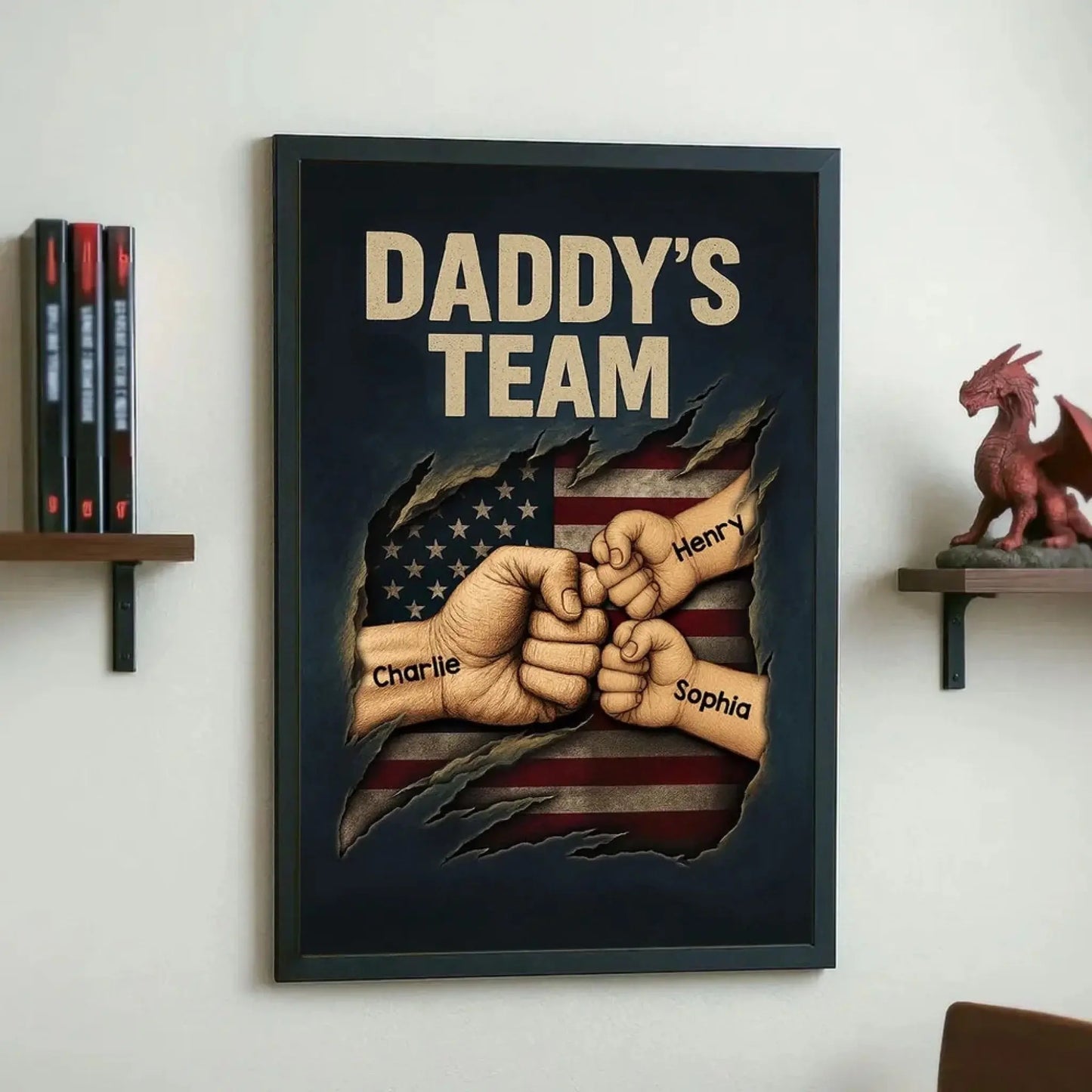Daddy’s Team Fist Bump Wall Art – Personalized Torn Flag Poster/Canvas – Custom Father’s Day Gift for Dad Ezcustomize