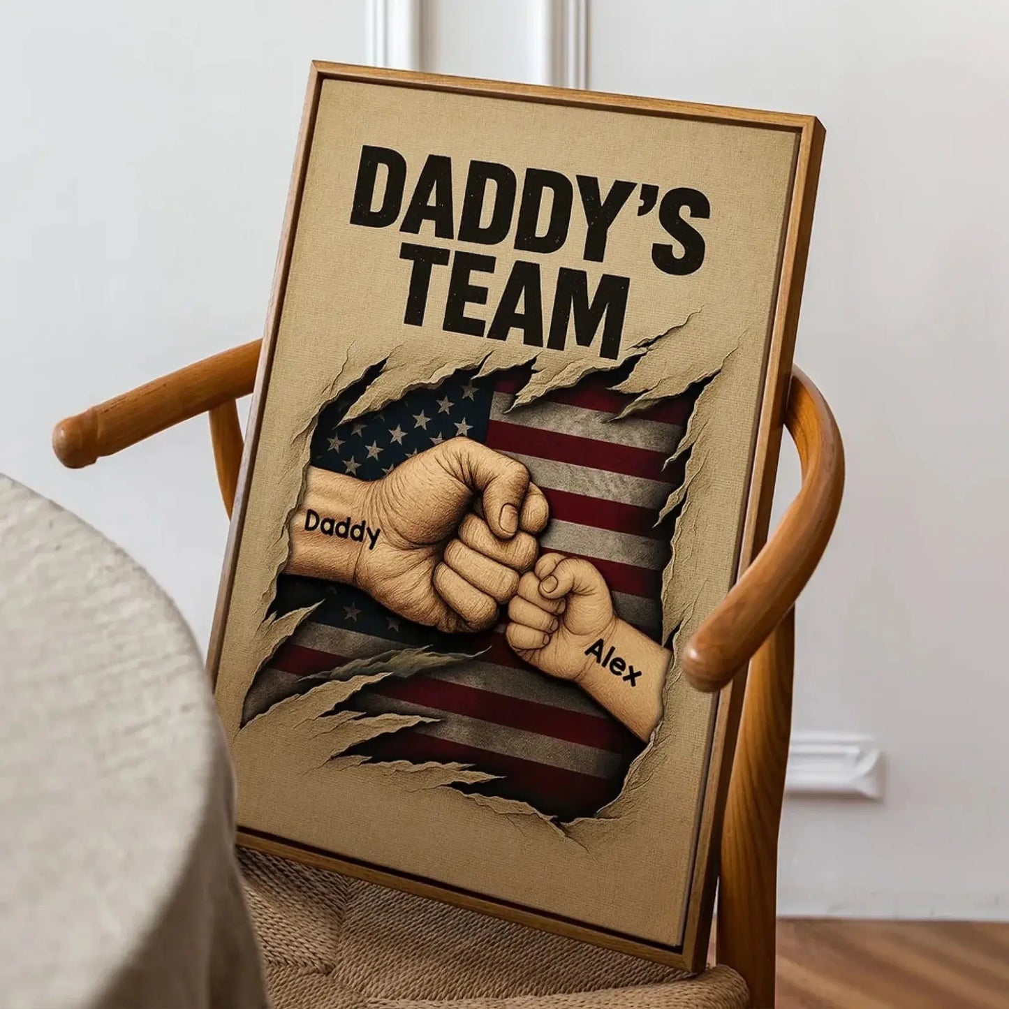 Daddy’s Team Fist Bump Wall Art – Personalized Torn Flag Poster/Canvas – Custom Father’s Day Gift for Dad Ezcustomize