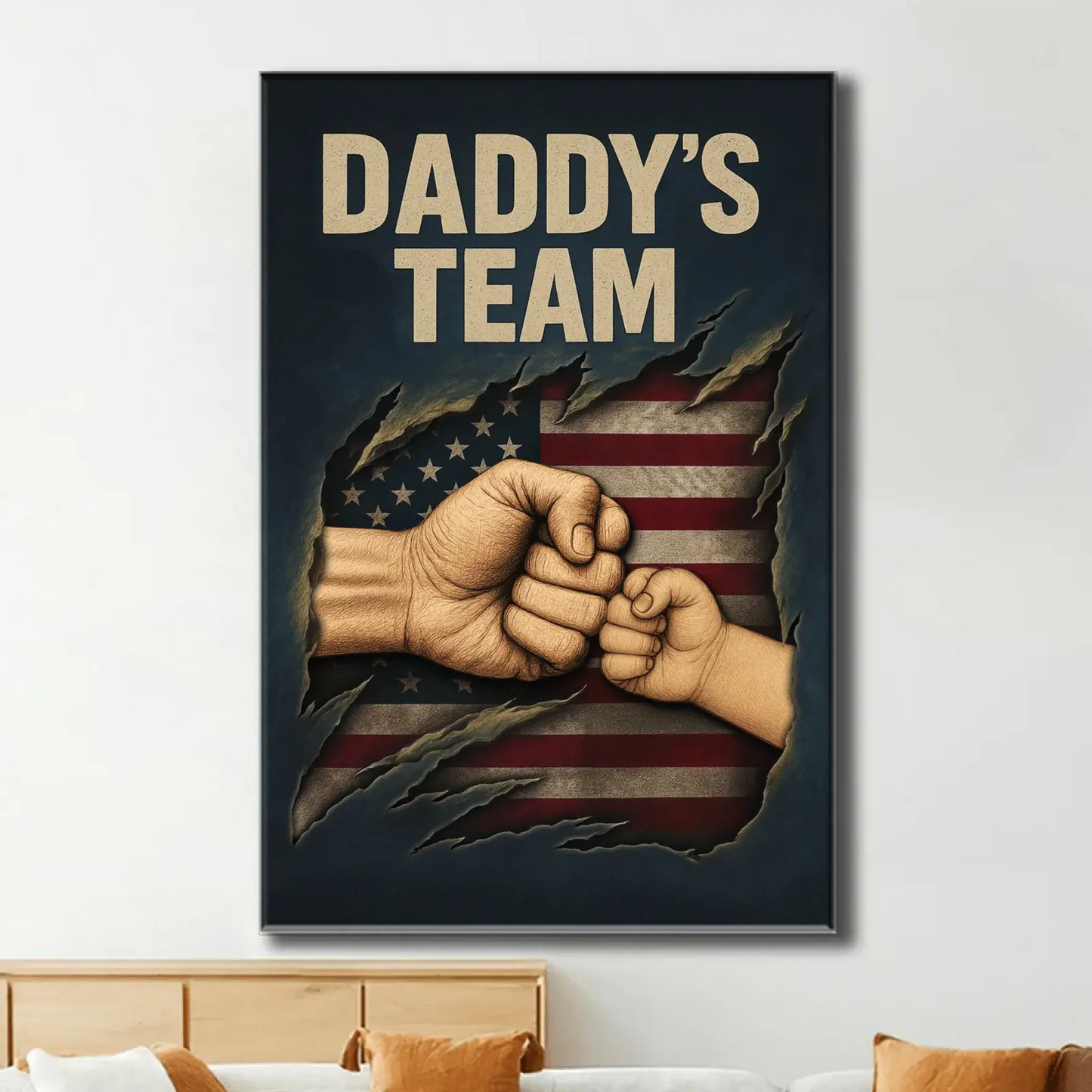 Daddy’s Team Fist Bump Wall Art – Personalized Torn Flag Poster/Canvas – Custom Father’s Day Gift for Dad Ezcustomize