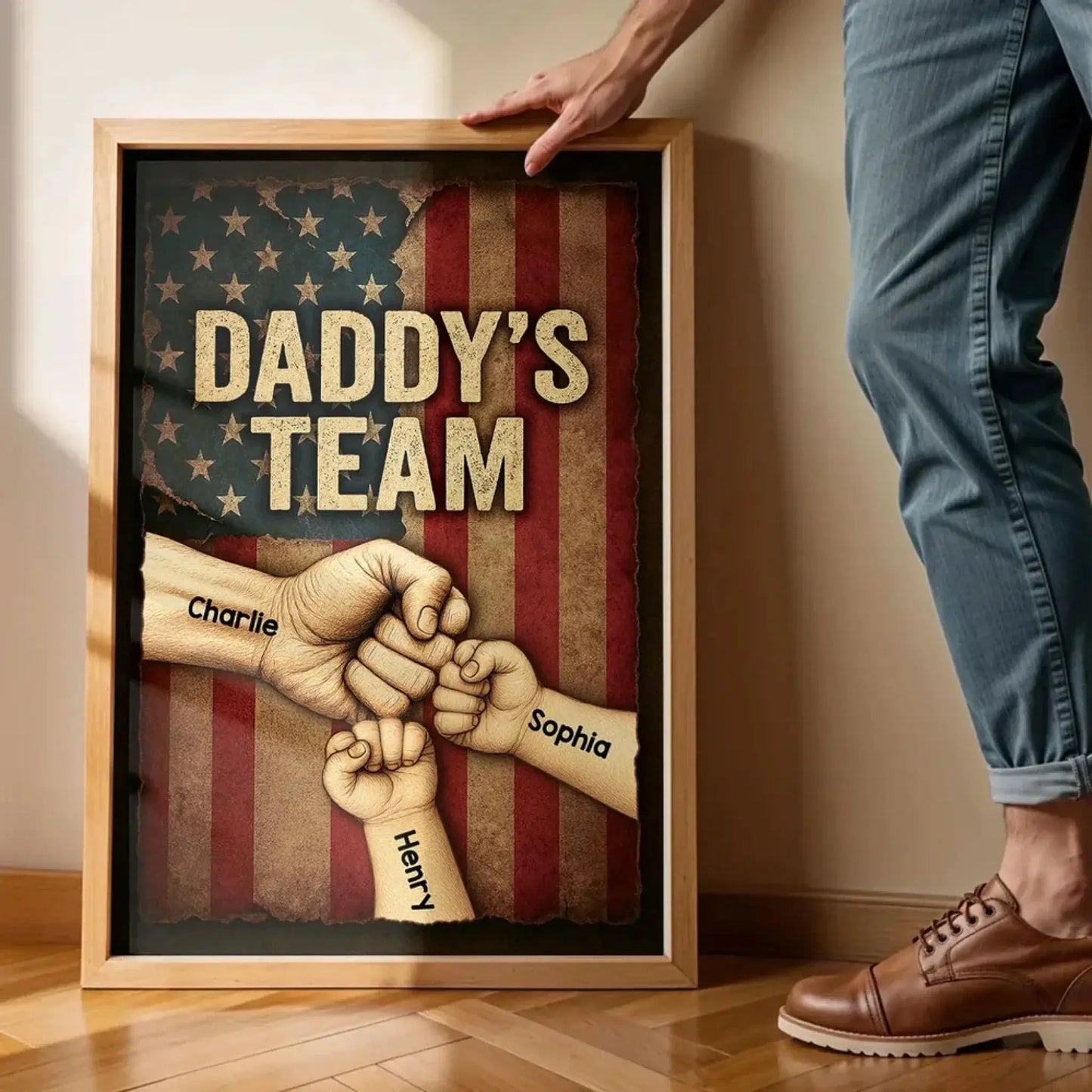 Daddy’s Team Personalized Fist Bump Poster – Custom Vintage American Flag Wall Art for Dad, Father’s Day Gift from Kids Ezcustomize