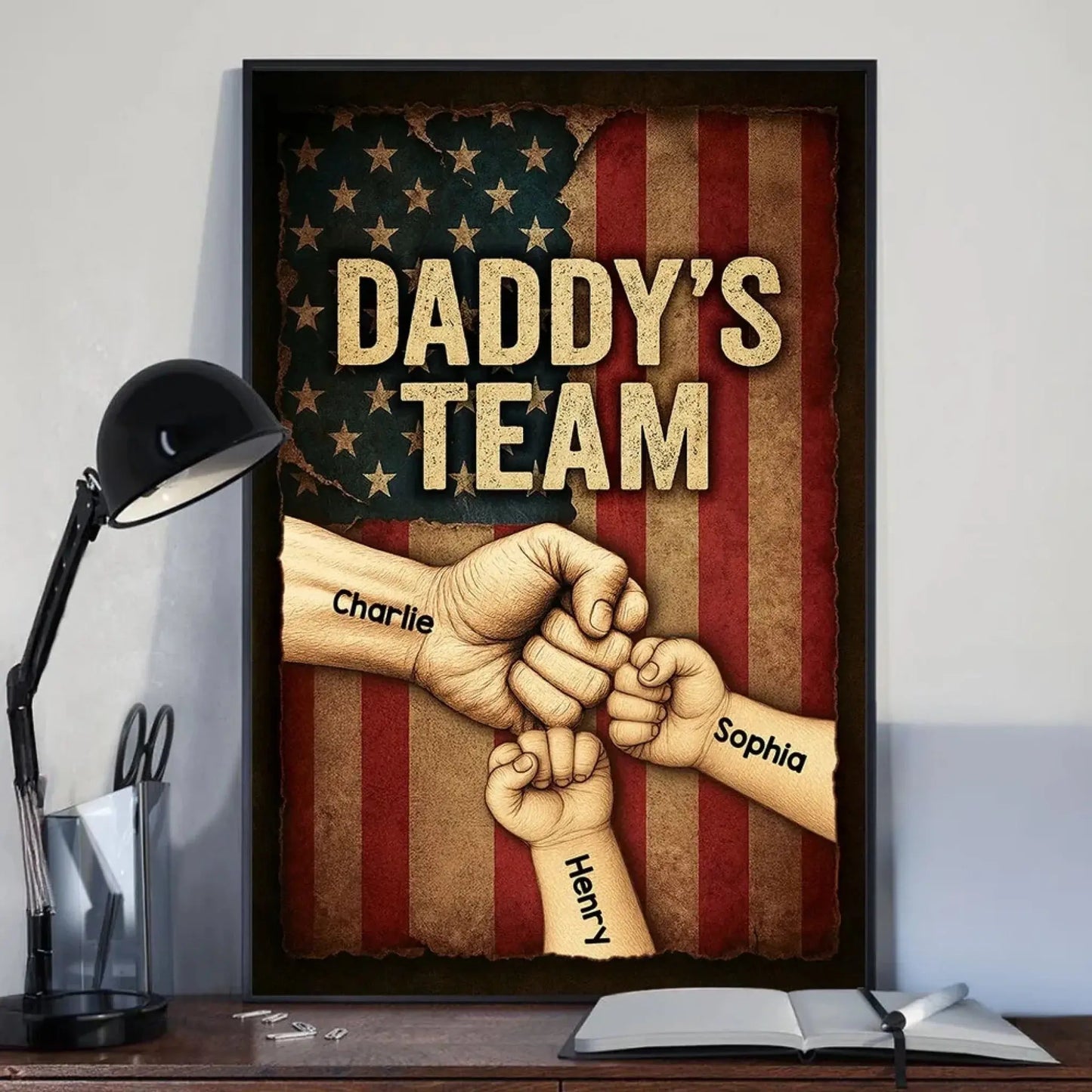 Daddy’s Team Personalized Fist Bump Poster – Custom Vintage American Flag Wall Art for Dad, Father’s Day Gift from Kids Ezcustomize