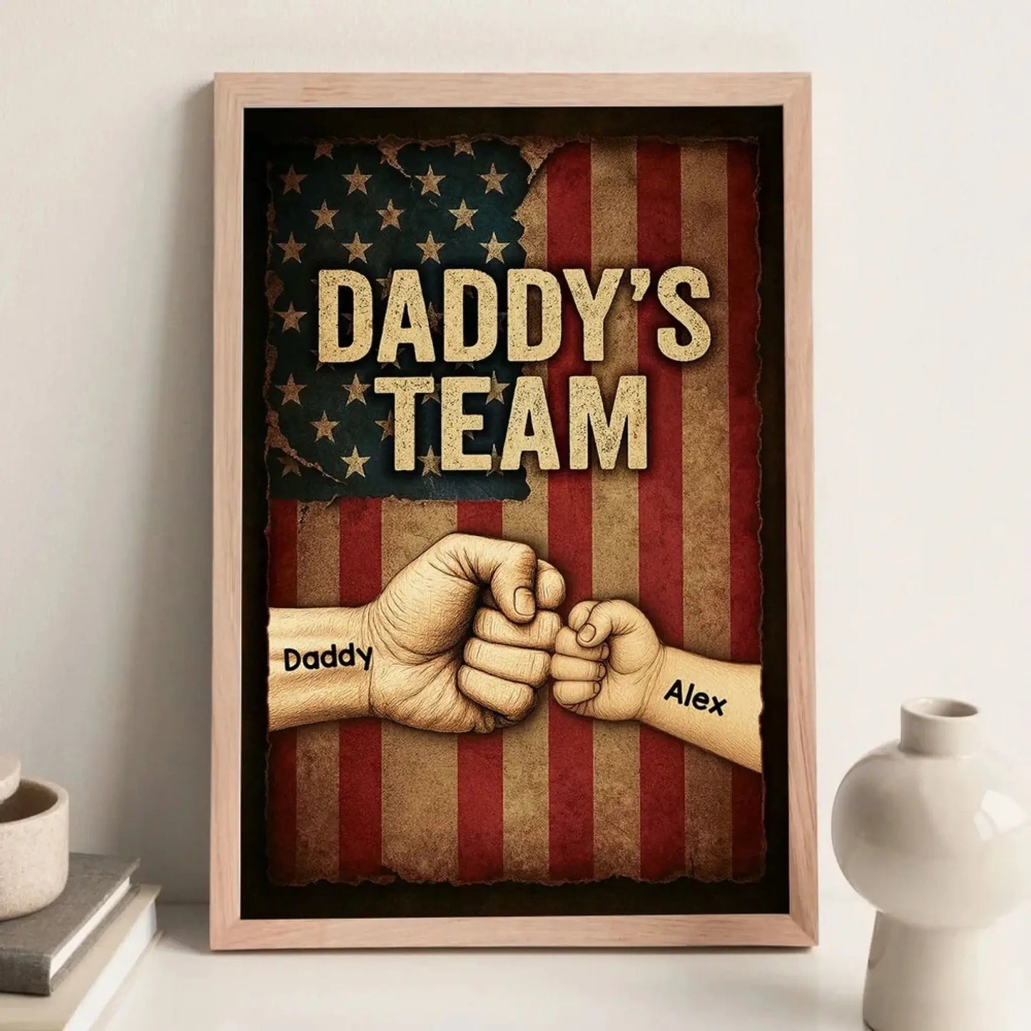 Daddy’s Team Personalized Fist Bump Poster – Custom Vintage American Flag Wall Art for Dad, Father’s Day Gift from Kids Ezcustomize