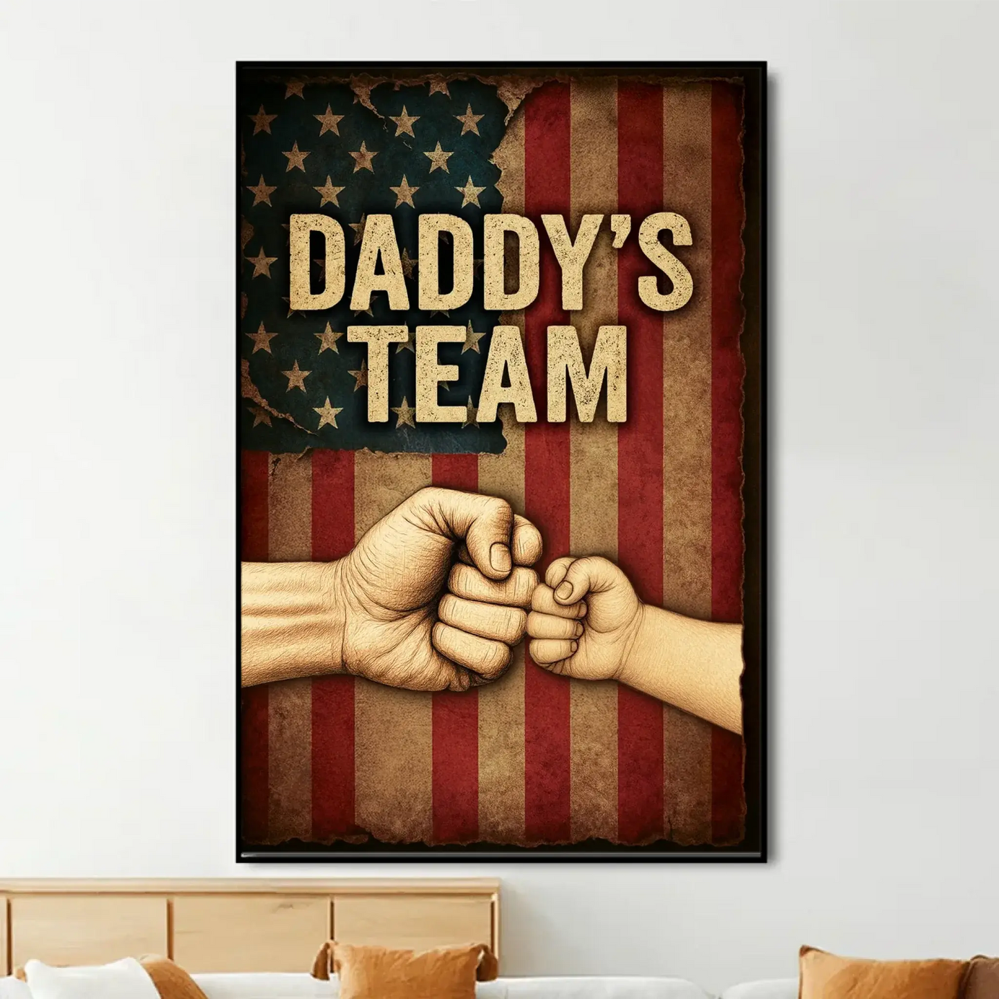 Daddy’s Team Personalized Fist Bump Poster – Custom Vintage American Flag Wall Art for Dad, Father’s Day Gift from Kids Ezcustomize