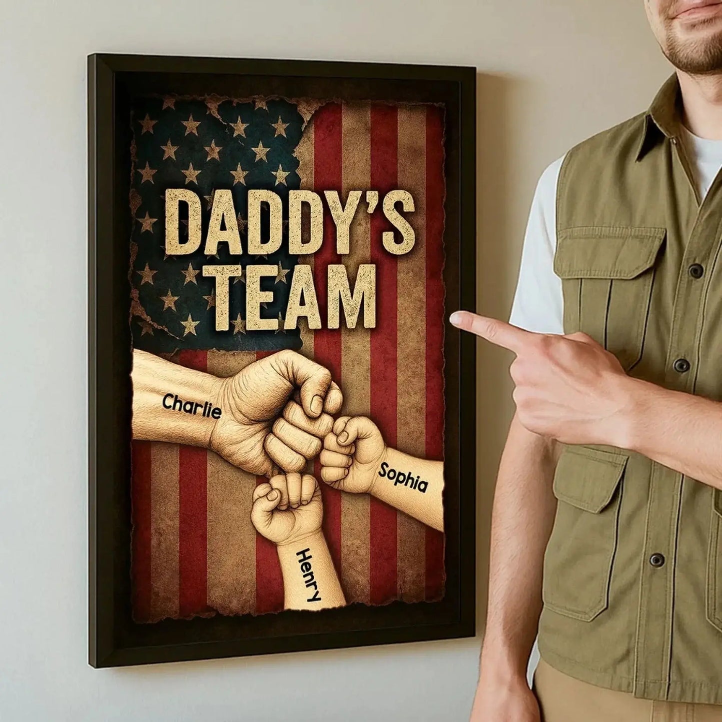 Daddy’s Team Personalized Fist Bump Poster – Custom Vintage American Flag Wall Art for Dad, Father’s Day Gift from Kids Ezcustomize
