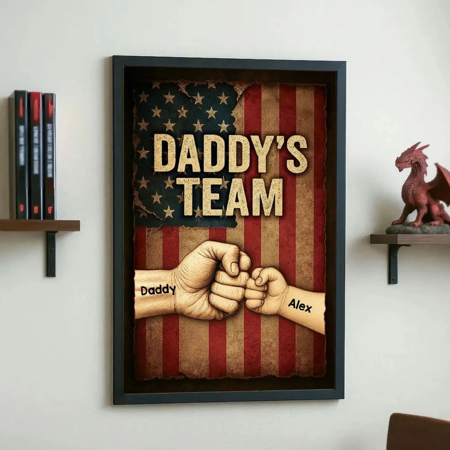 Daddy’s Team Personalized Fist Bump Poster – Custom Vintage American Flag Wall Art for Dad, Father’s Day Gift from Kids Ezcustomize