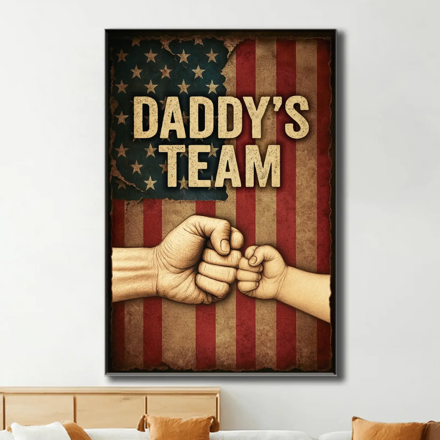 Daddy’s Team Personalized Fist Bump Poster – Custom Vintage American Flag Wall Art for Dad, Father’s Day Gift from Kids Ezcustomize