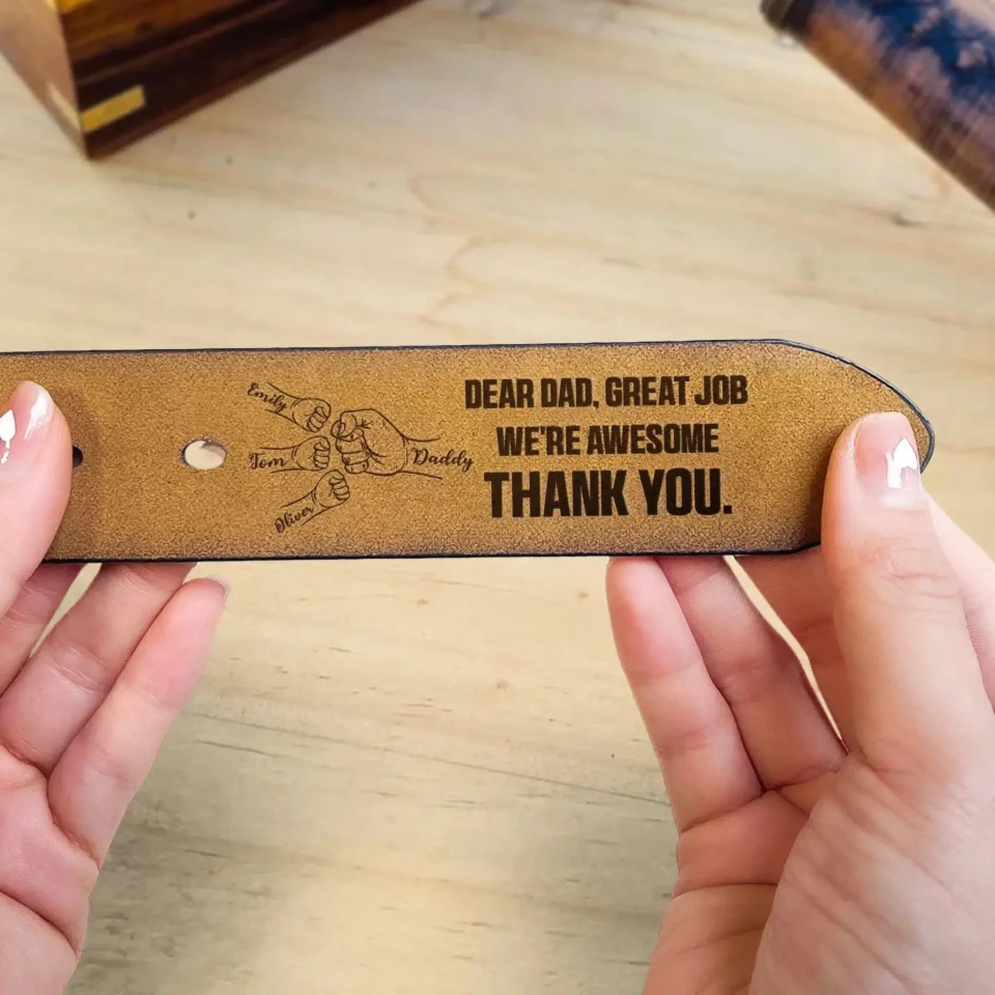 Dear Dad Great Job We're Awesome Thank You - Personalized Engraved Leather Belt Ezcustomize