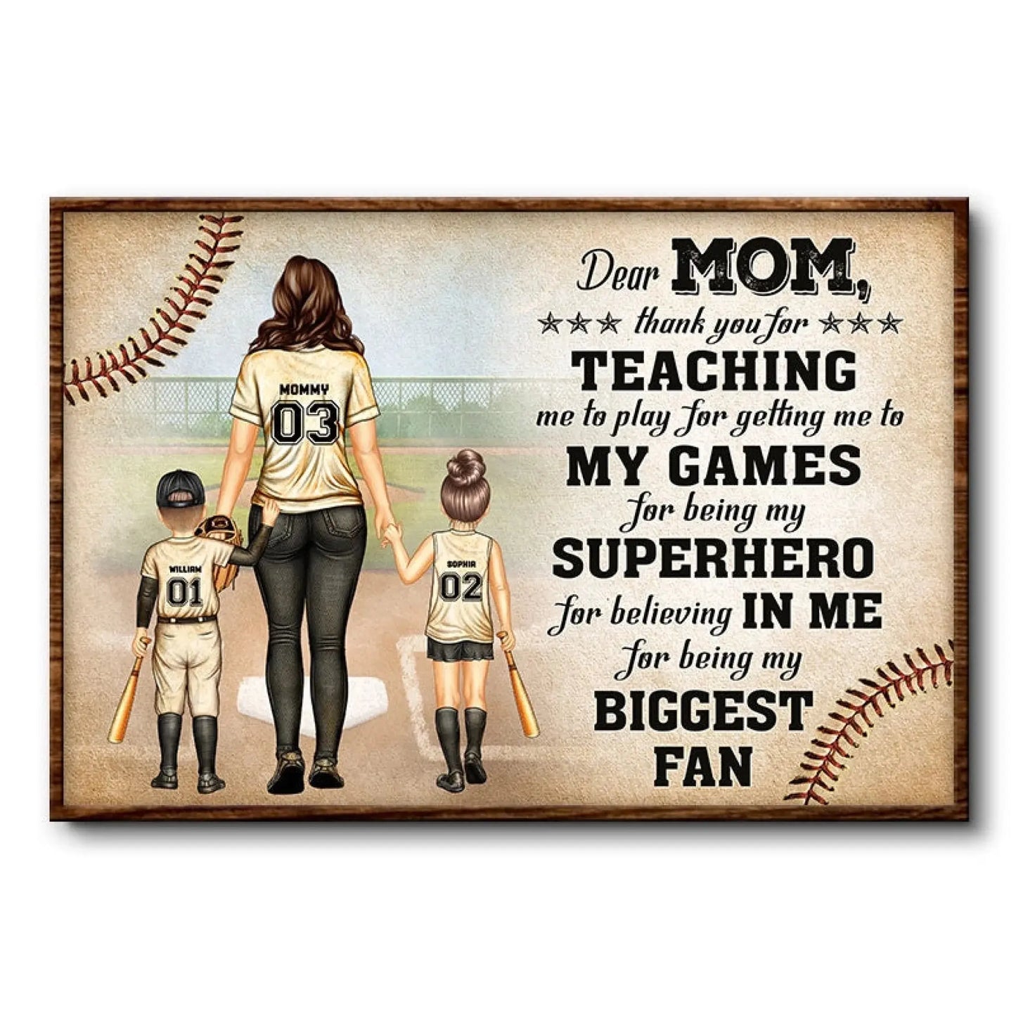 Dear Mom Baseball Poster – Personalized Back View Gift for Mother from Kids, Thank You Quote for Sports Moms Ezcustomize