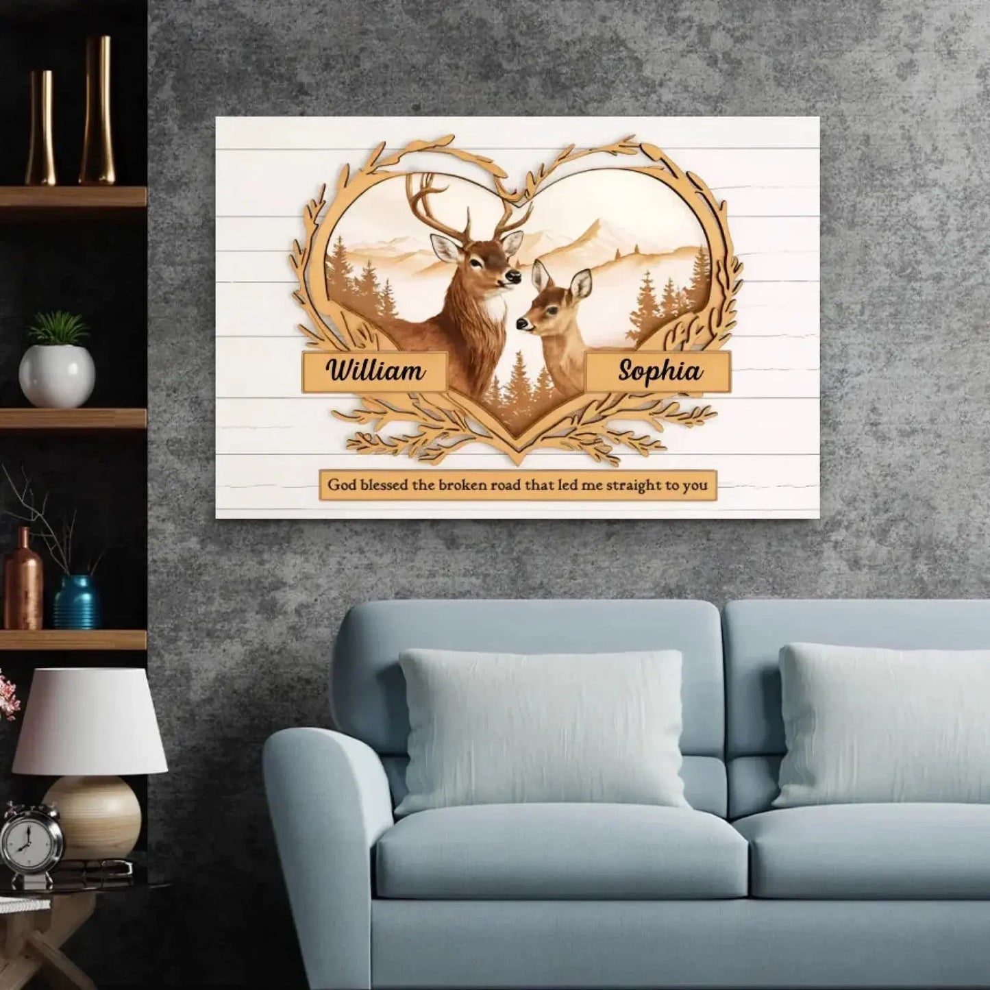 Deer Couple Mountain Scene – Personalized Canvas or Poster, Rustic Nature Wall Art with Custom Names, Romantic Gift for Him or Her Ezcustomize