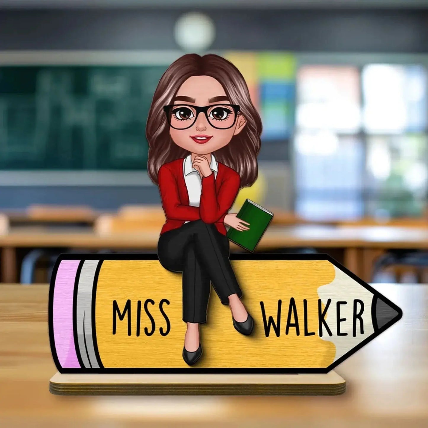 Doll Teacher Sitting On Pencil - Personalized Teacher Wooden Plaque – 2-Layer – Back to School Gift, Classroom or Office Decor Ezcustomize