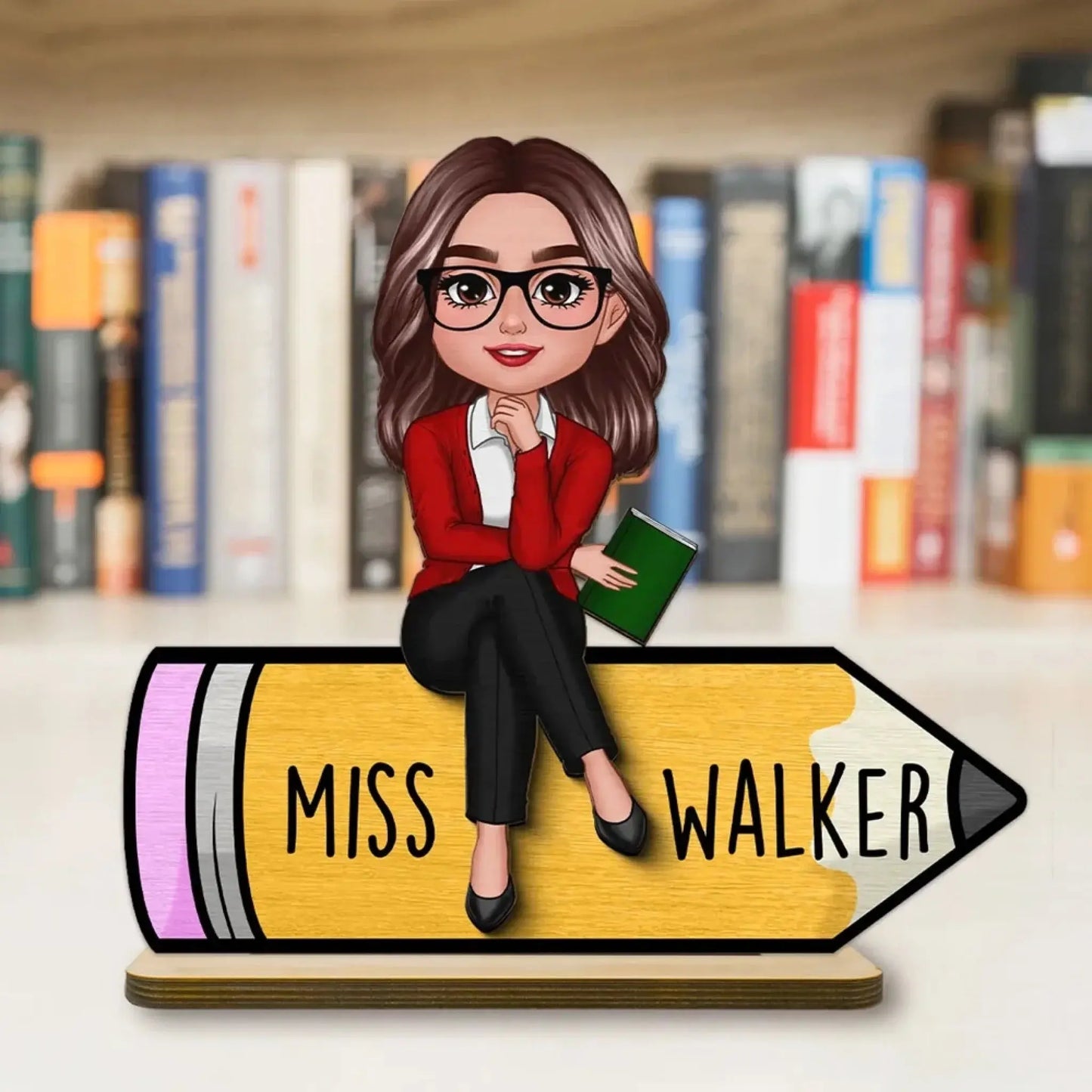 Doll Teacher Sitting On Pencil - Personalized Teacher Wooden Plaque – 2-Layer – Back to School Gift, Classroom or Office Decor Ezcustomize
