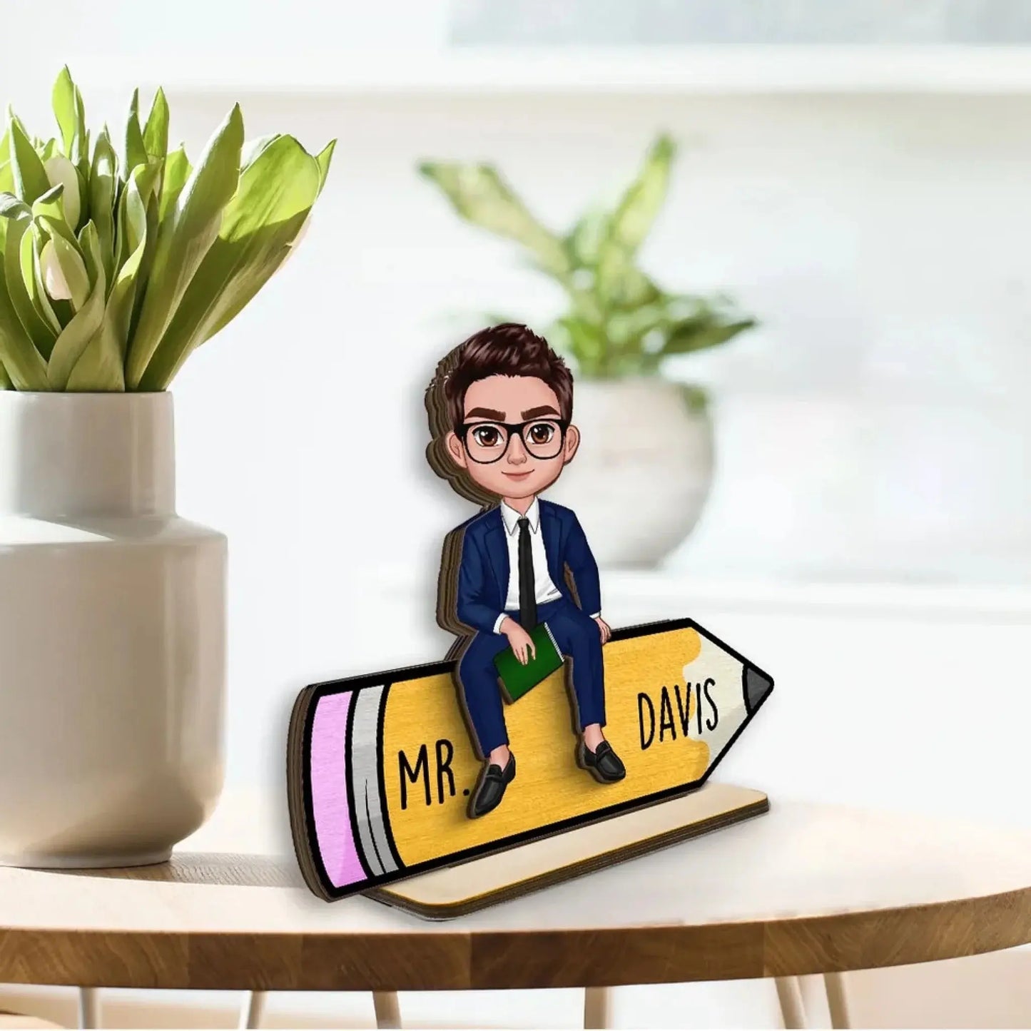 Doll Teacher Sitting On Pencil - Personalized Teacher Wooden Plaque – 2-Layer – Back to School Gift, Classroom or Office Decor Ezcustomize