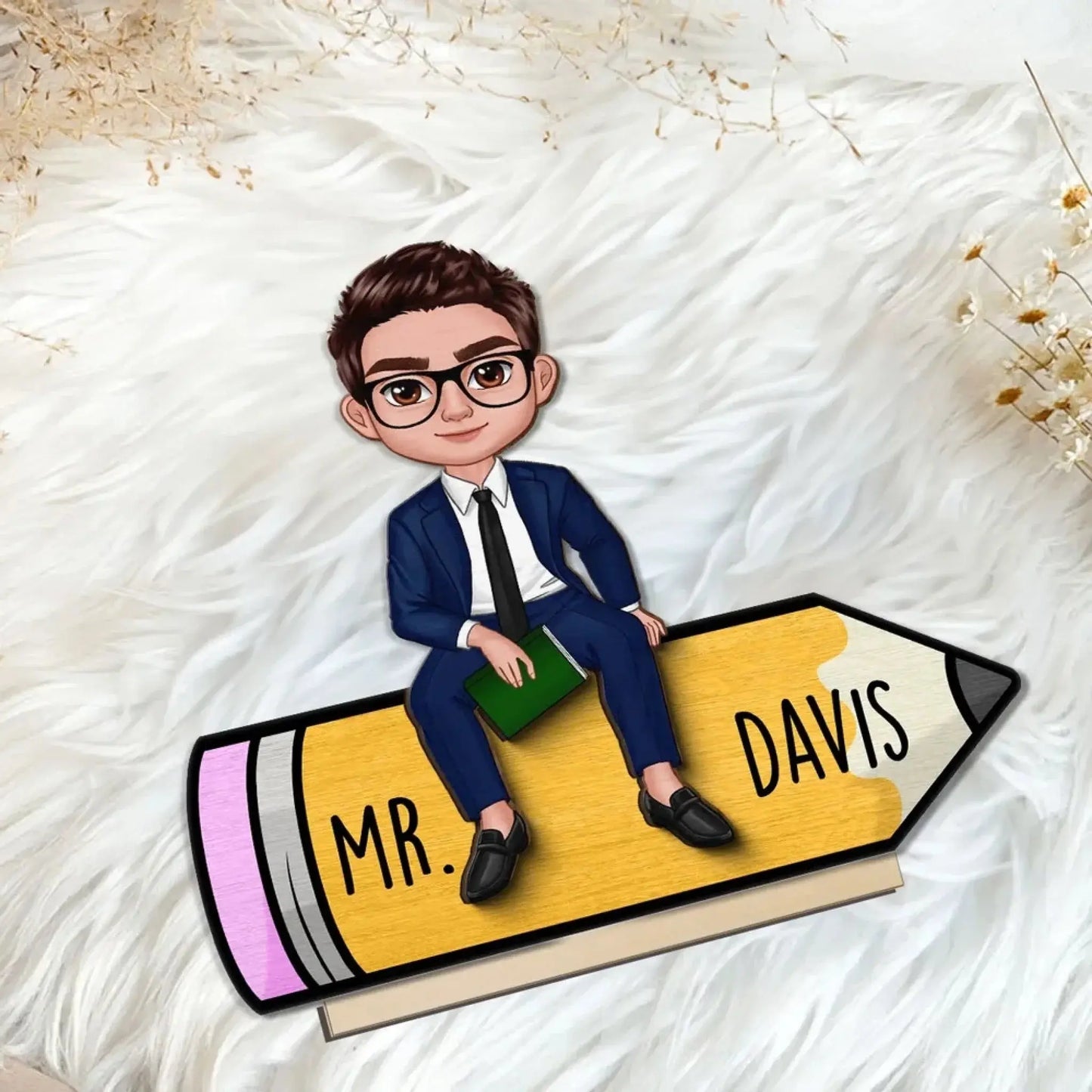 Doll Teacher Sitting On Pencil - Personalized Teacher Wooden Plaque – 2-Layer – Back to School Gift, Classroom or Office Decor Ezcustomize