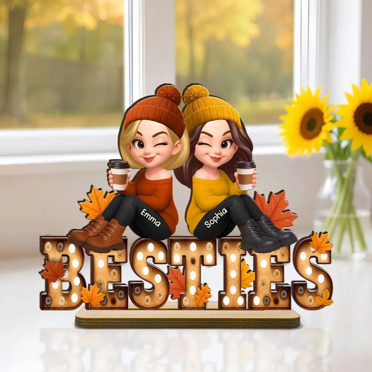 Fall Besties Wooden Plaque – Personalized Best Friends Autumn Gift, Custom Sitting Marquee Sign, Friendship Decor Ezcustomize
