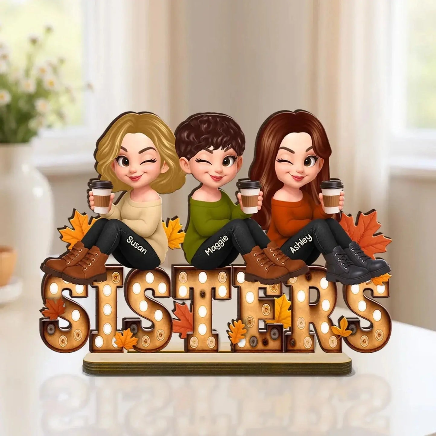 Fall Besties Wooden Plaque – Personalized Best Friends Autumn Gift, Custom Sitting Marquee Sign, Friendship Decor Ezcustomize