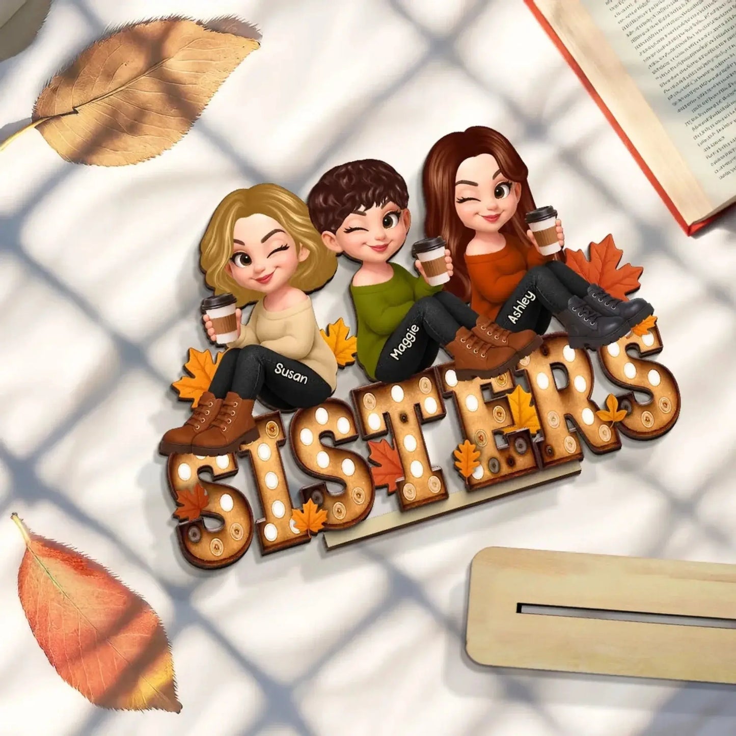 Fall Besties Wooden Plaque – Personalized Best Friends Autumn Gift, Custom Sitting Marquee Sign, Friendship Decor Ezcustomize