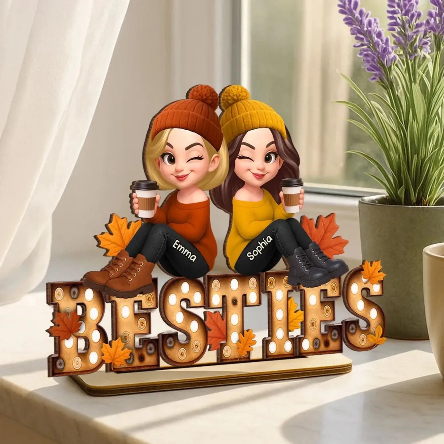 Fall Besties Wooden Plaque – Personalized Best Friends Autumn Gift, Custom Sitting Marquee Sign, Friendship Decor Ezcustomize