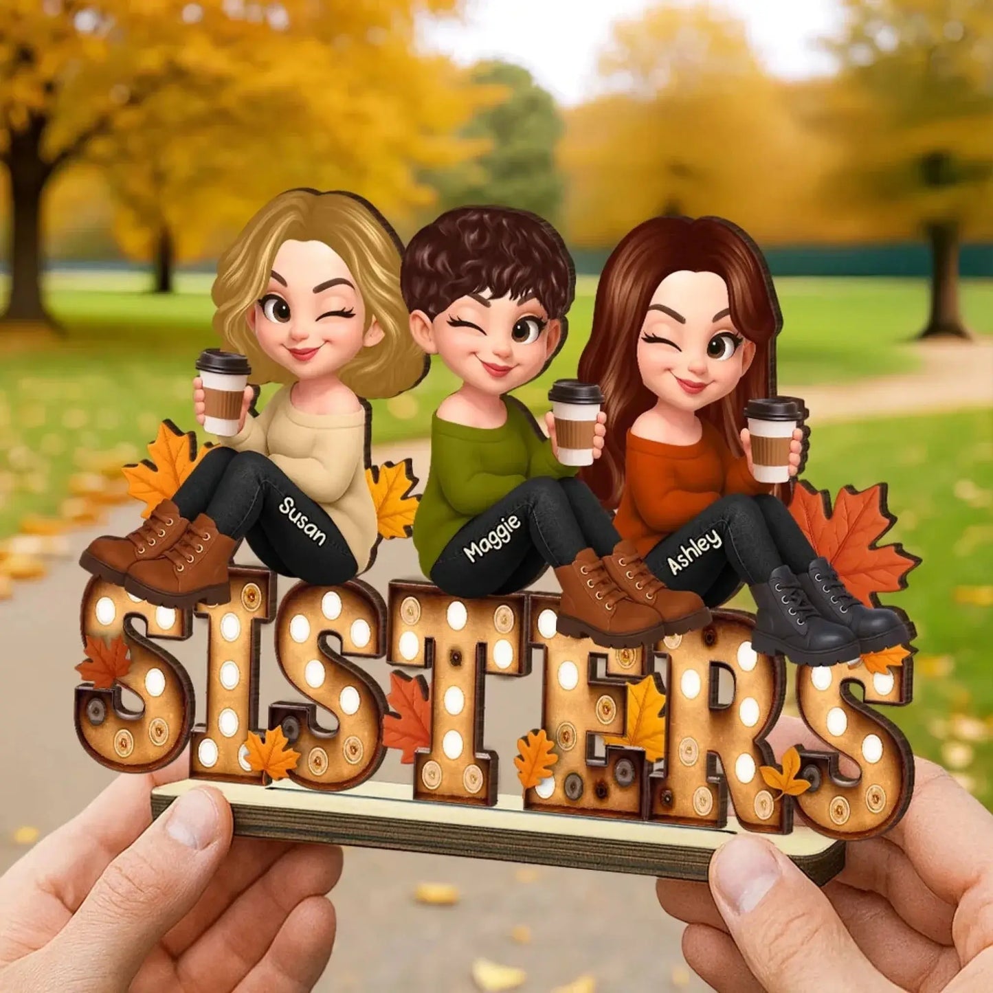 Fall Besties Wooden Plaque – Personalized Best Friends Autumn Gift, Custom Sitting Marquee Sign, Friendship Decor Ezcustomize