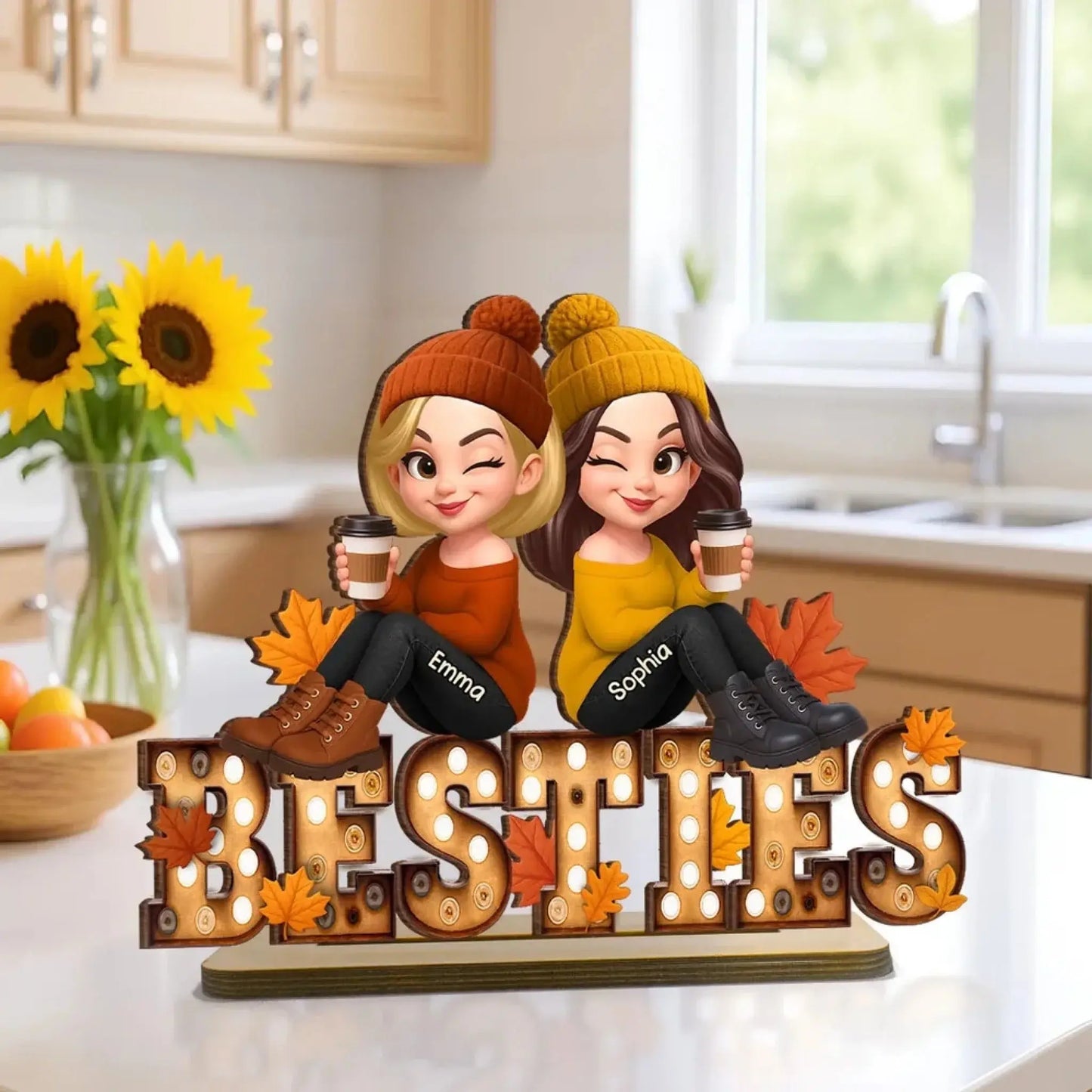 Fall Besties Wooden Plaque – Personalized Best Friends Autumn Gift, Custom Sitting Marquee Sign, Friendship Decor Ezcustomize