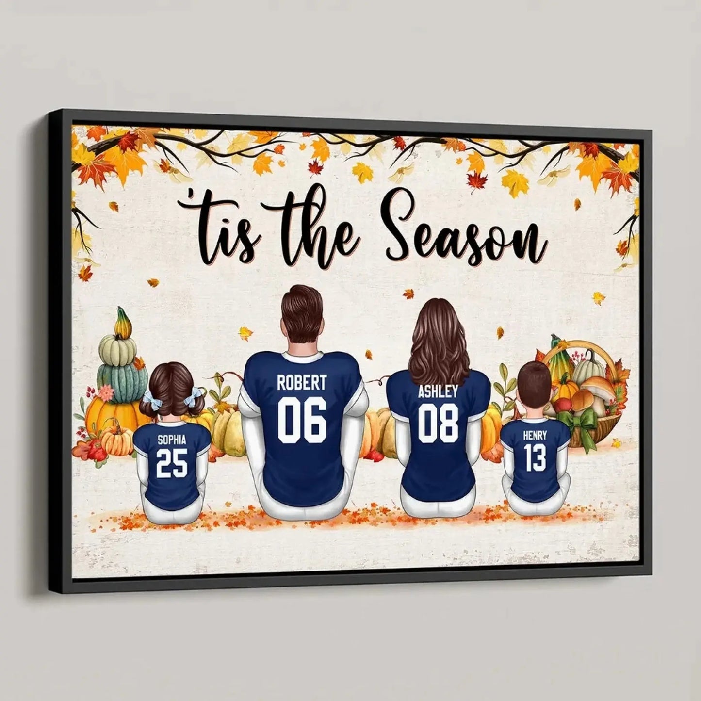Fall Football Family Poster – Personalized ‘Tis the Season Wall Art, Custom Names & Jerseys, Autumn Gift for Dad, Mom, Husband, Wife, Kids Ezcustomize