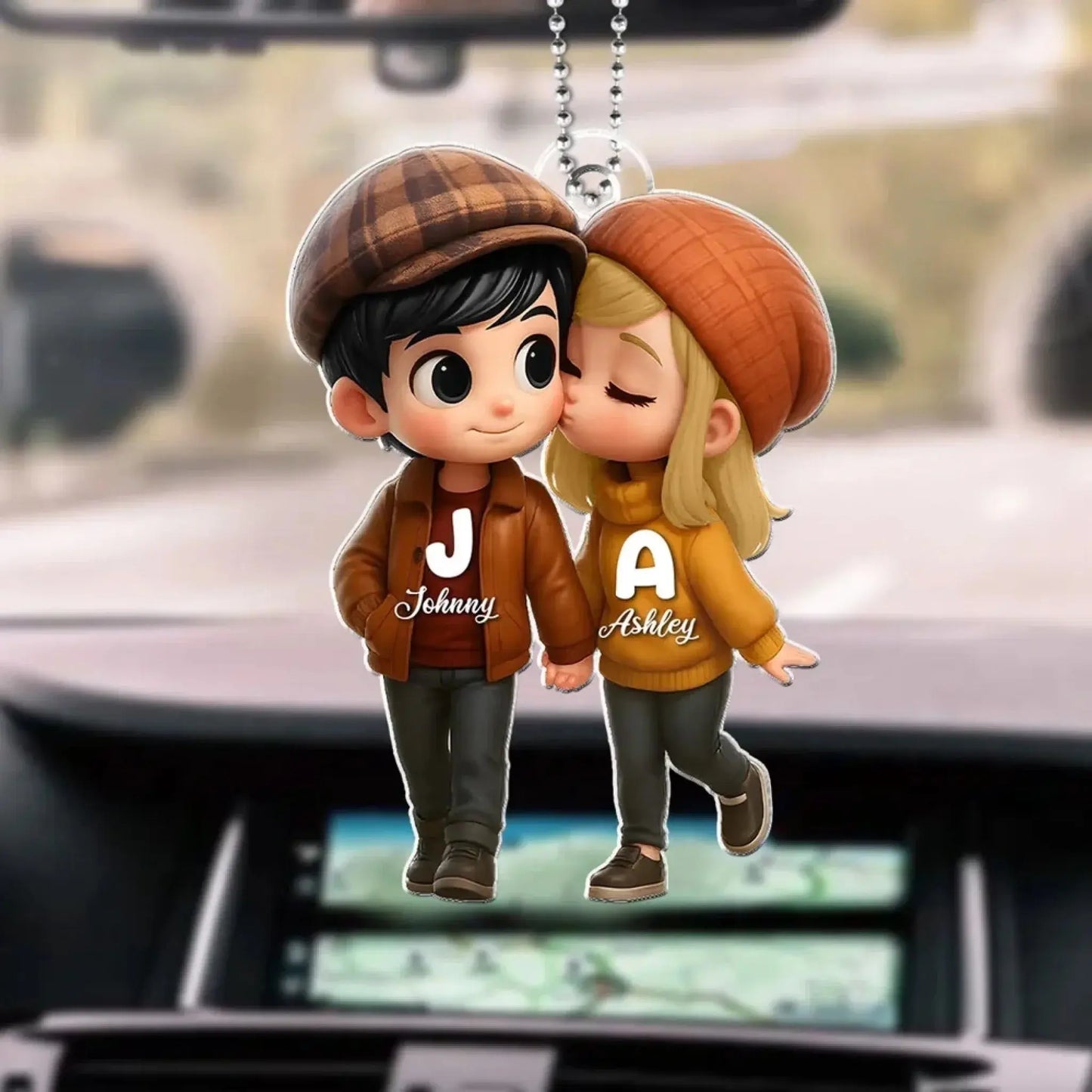 Fall Season Couple Car Hanger – Personalized Cute Cartoon Acrylic Ornament, Autumn Gift for Boyfriend or Girlfriend Ezcustomize