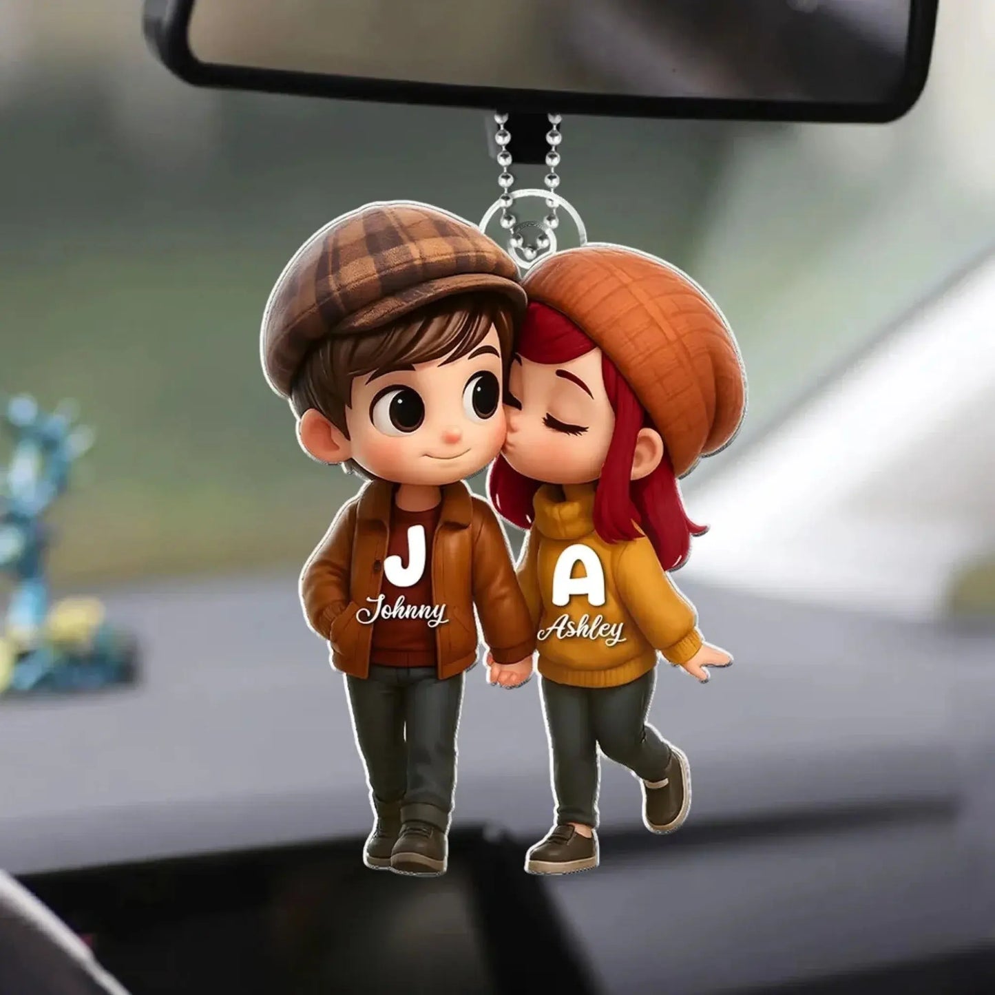 Fall Season Couple Car Hanger – Personalized Cute Cartoon Acrylic Ornament, Autumn Gift for Boyfriend or Girlfriend Ezcustomize