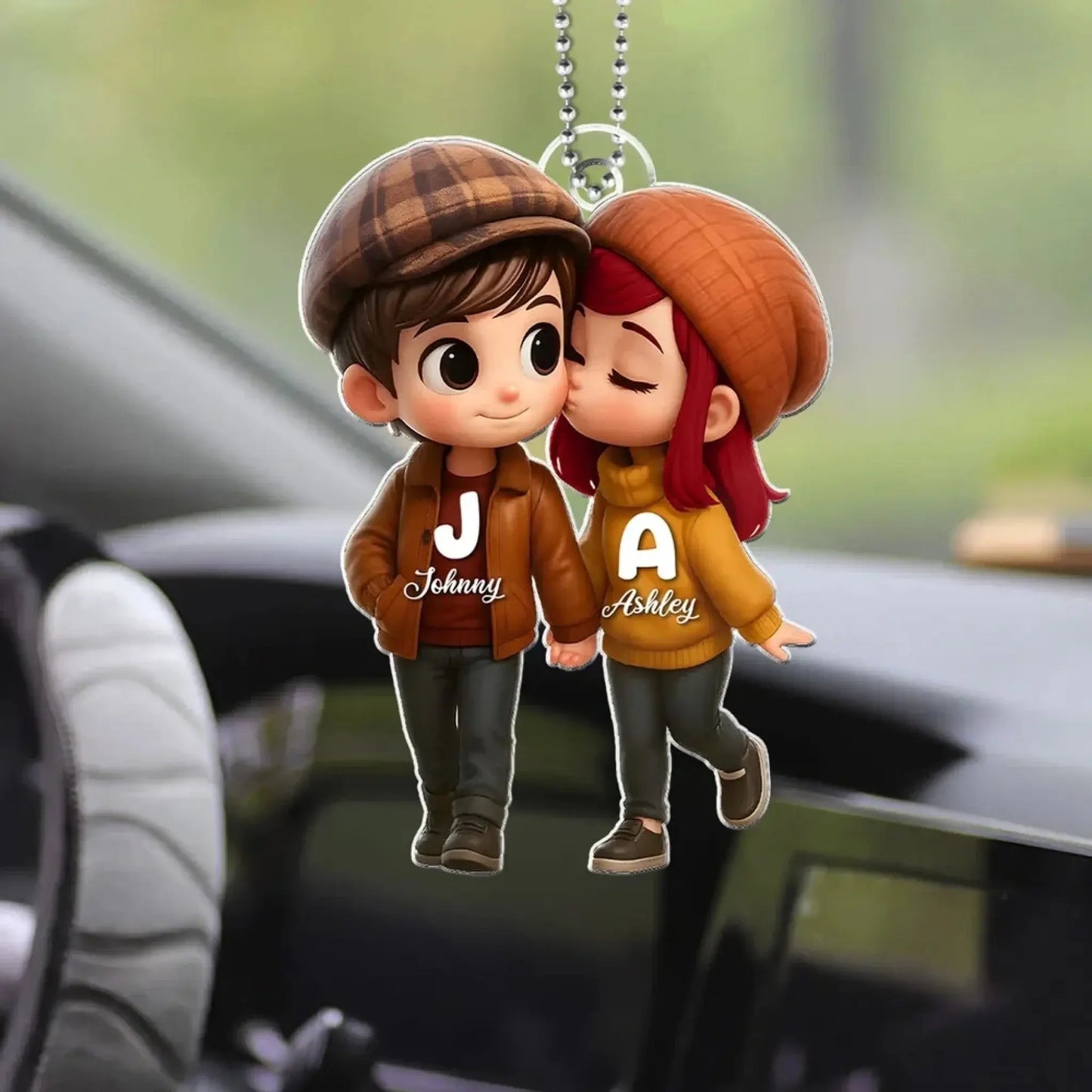 Fall Season Couple Car Hanger – Personalized Cute Cartoon Acrylic Ornament, Autumn Gift for Boyfriend or Girlfriend Ezcustomize