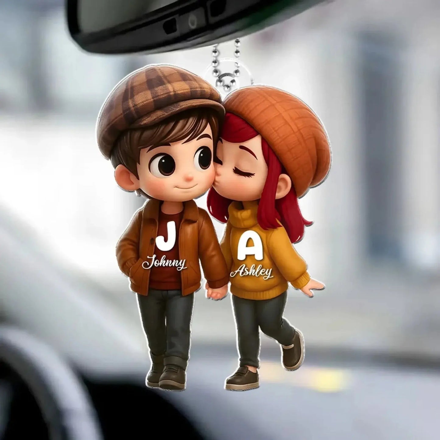 Fall Season Couple Car Hanger – Personalized Cute Cartoon Acrylic Ornament, Autumn Gift for Boyfriend or Girlfriend Ezcustomize