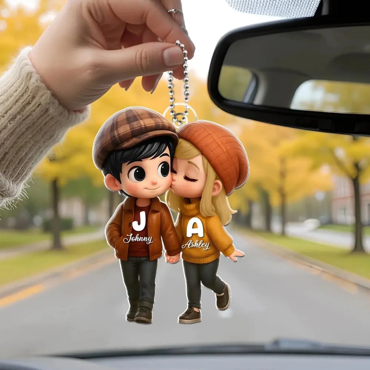Fall Season Couple Car Hanger – Personalized Cute Cartoon Acrylic Ornament, Autumn Gift for Boyfriend or Girlfriend Ezcustomize