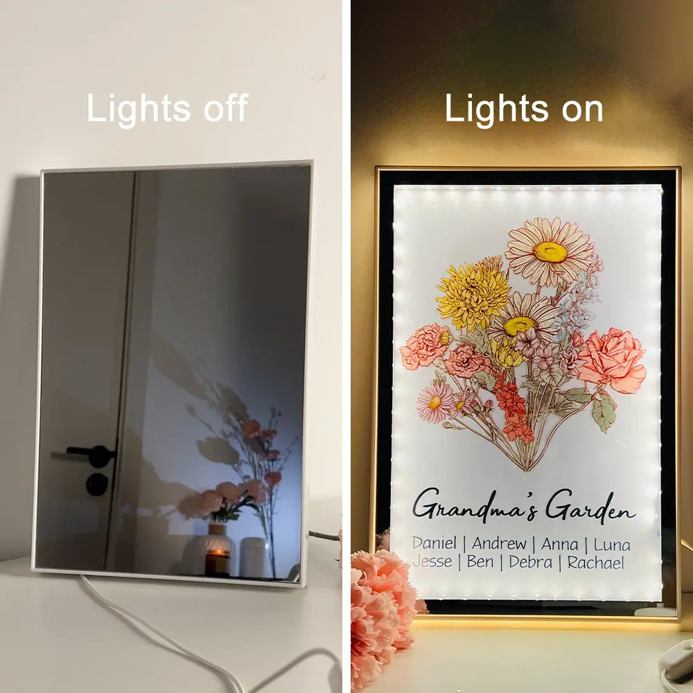 Family Blossoms - Custom Birth Flower & Names Artwork - Personalized Night Light Mirror for Your Home Ezcustomize