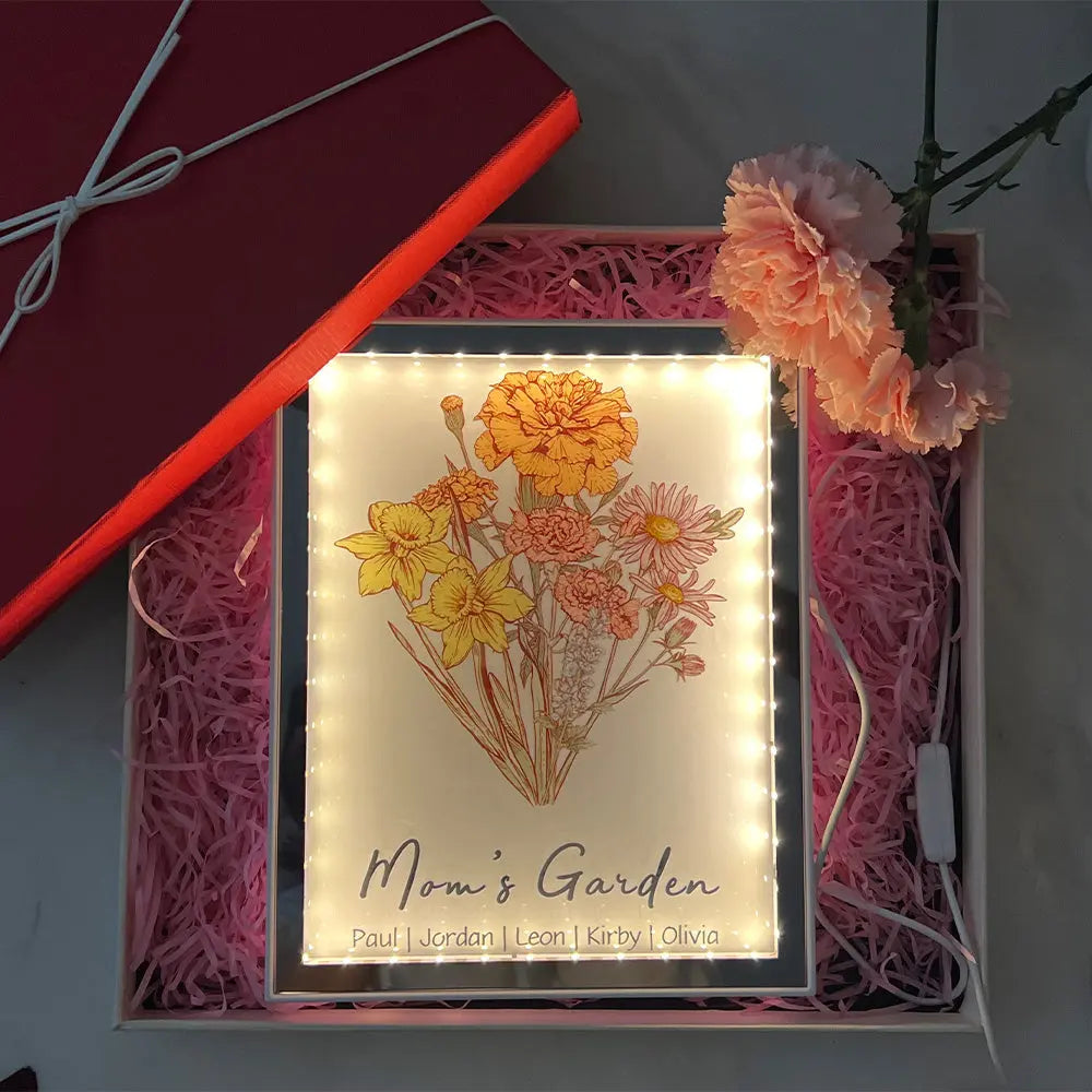 Family Blossoms - Custom Birth Flower & Names Artwork - Personalized Night Light Mirror for Your Home Ezcustomize