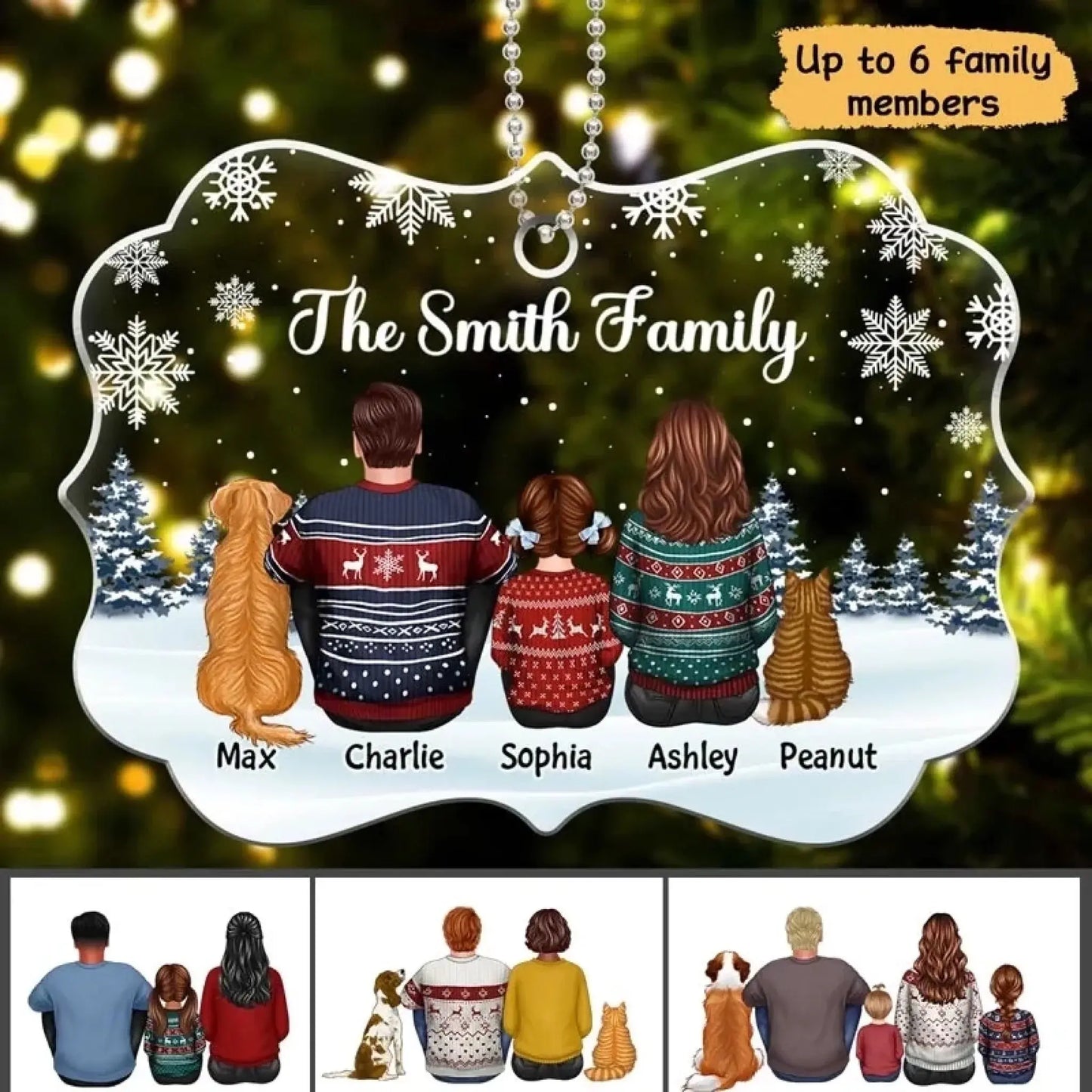 Family Sitting Back View Snow Background – Personalized Acrylic Ornament – Heartwarming Christmas Gift for Families Ezcustomize