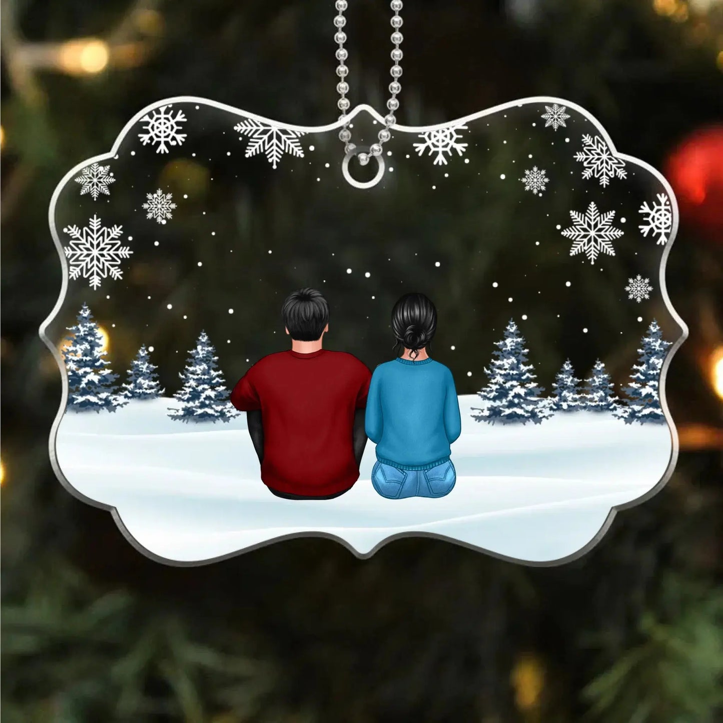 Family Sitting Back View Snow Background – Personalized Acrylic Ornament – Heartwarming Christmas Gift for Families Ezcustomize
