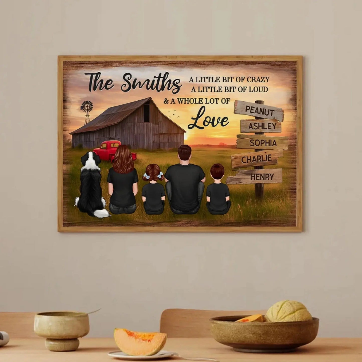 Family Wood Sign with Sunset Farmhouse Scene – Personalized Poster/Canvas – Gift for Dad, Husband & Grandpa Ezcustomize