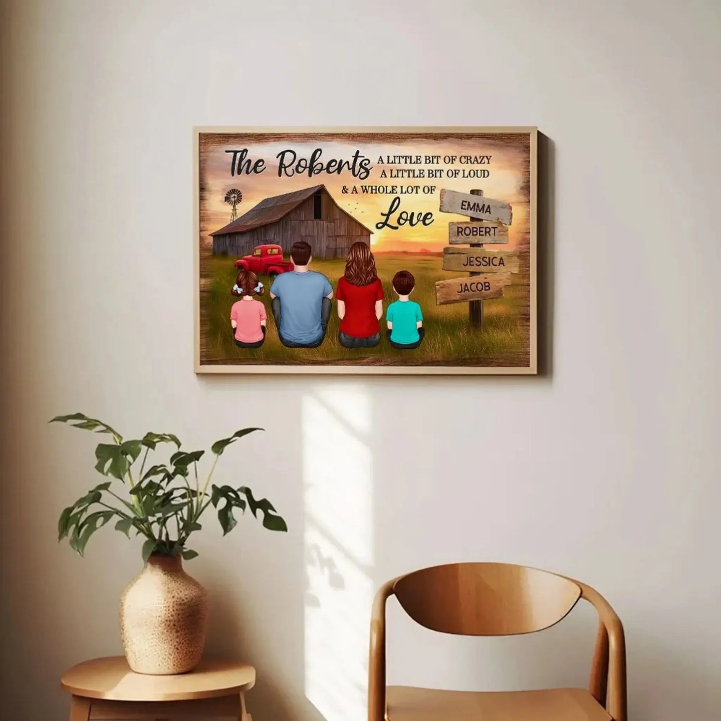 Family Wood Sign with Sunset Farmhouse Scene – Personalized Poster/Canvas – Gift for Dad, Husband & Grandpa Ezcustomize